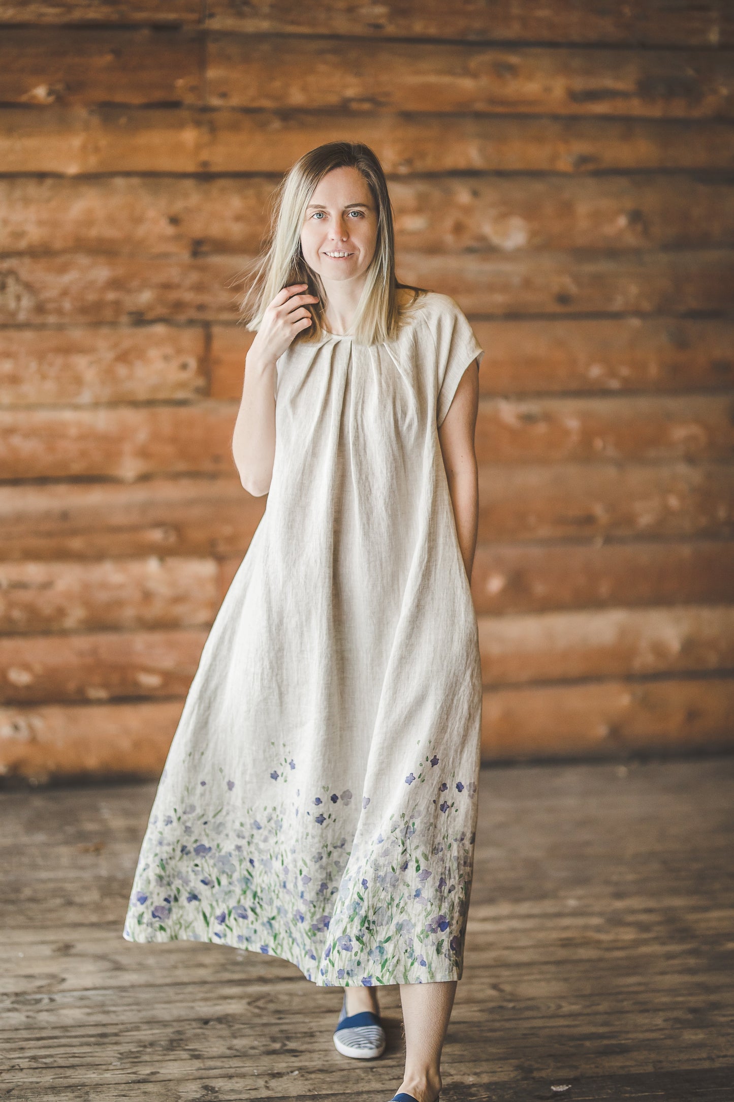 RASA short sleeves maxi linen dress with Blue Ombre Floral print
