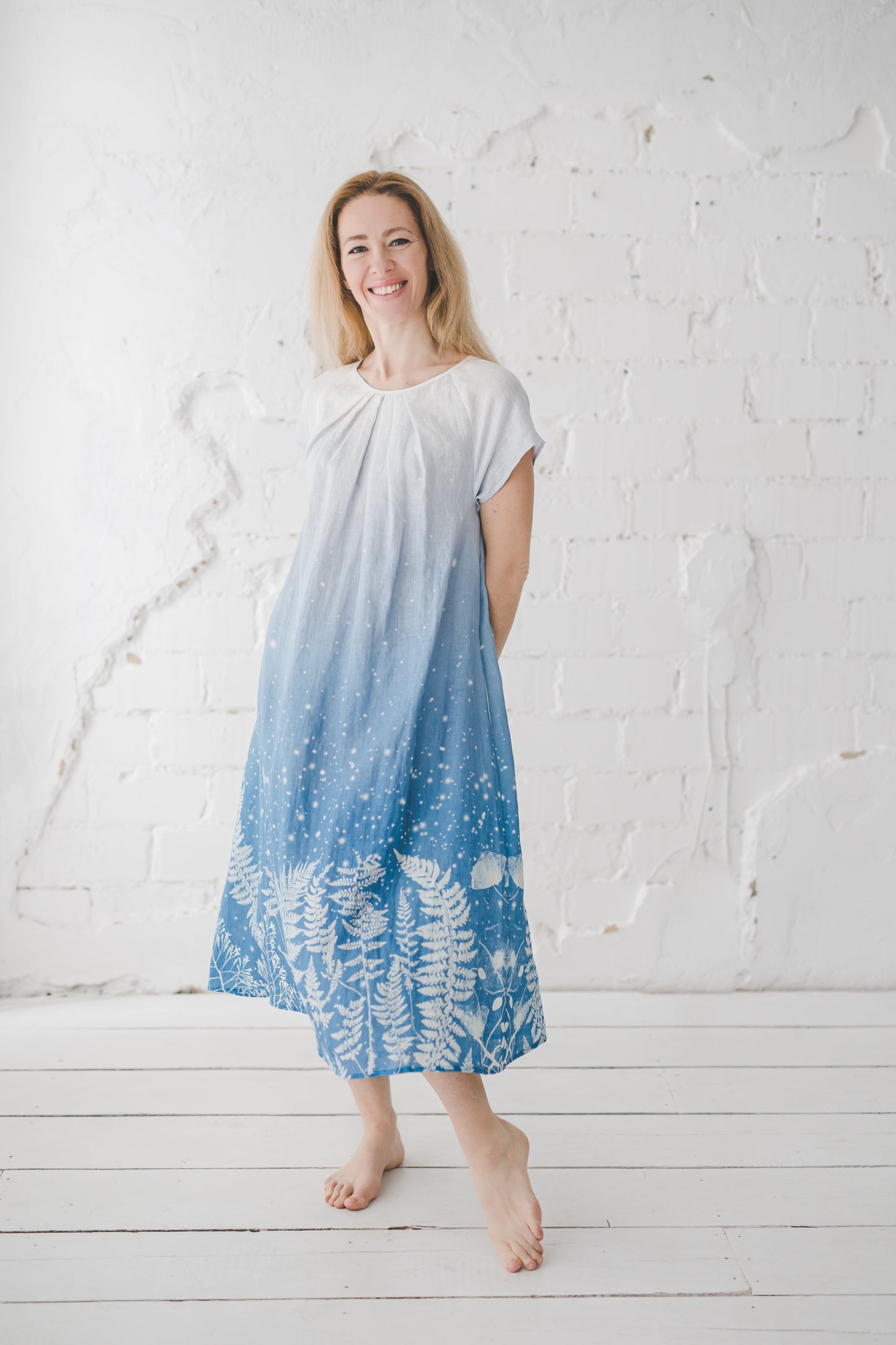 RASA short sleeves maxi linen dress with Blue Ombre Floral print