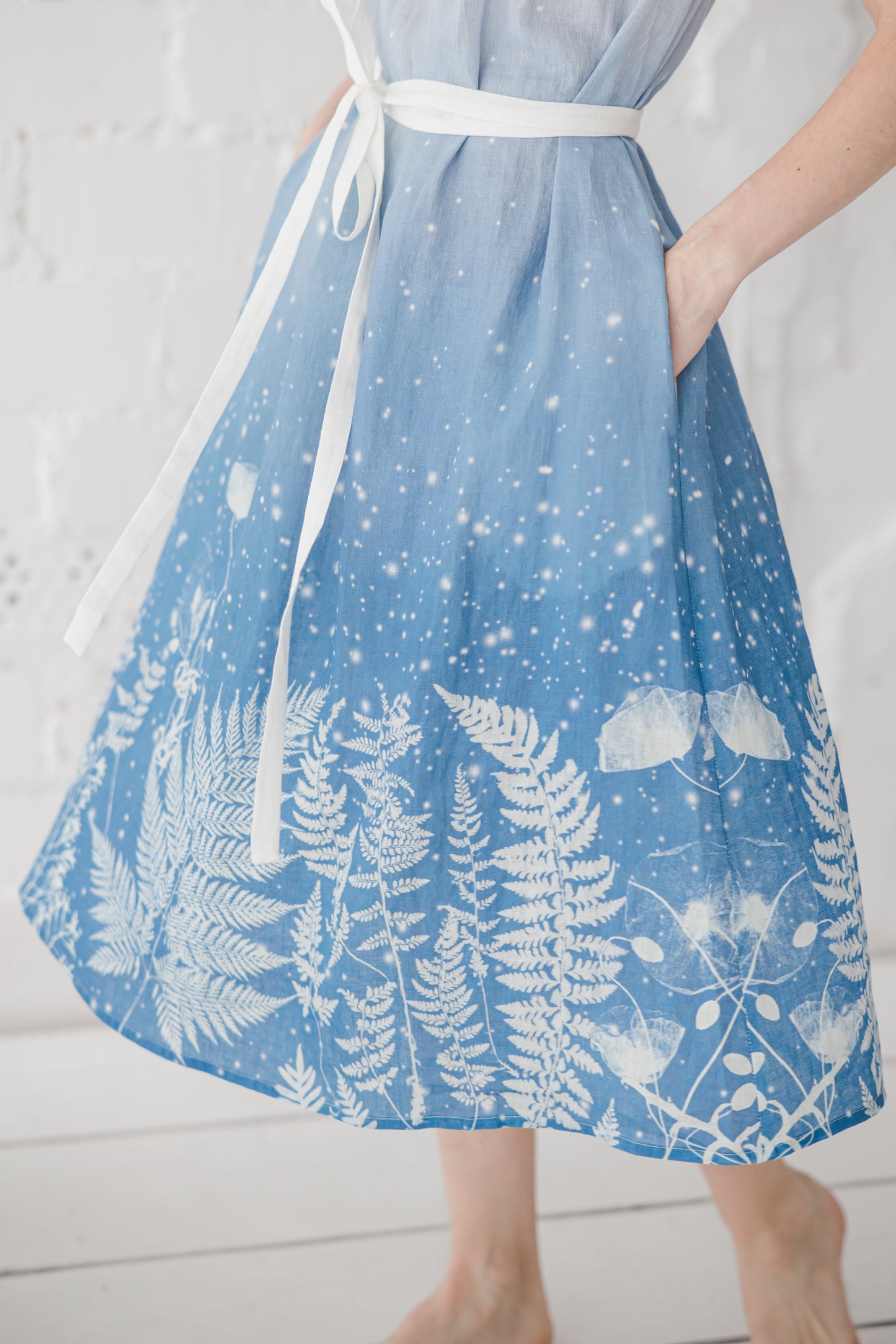RASA short sleeves maxi linen dress with Blue Ombre Floral print