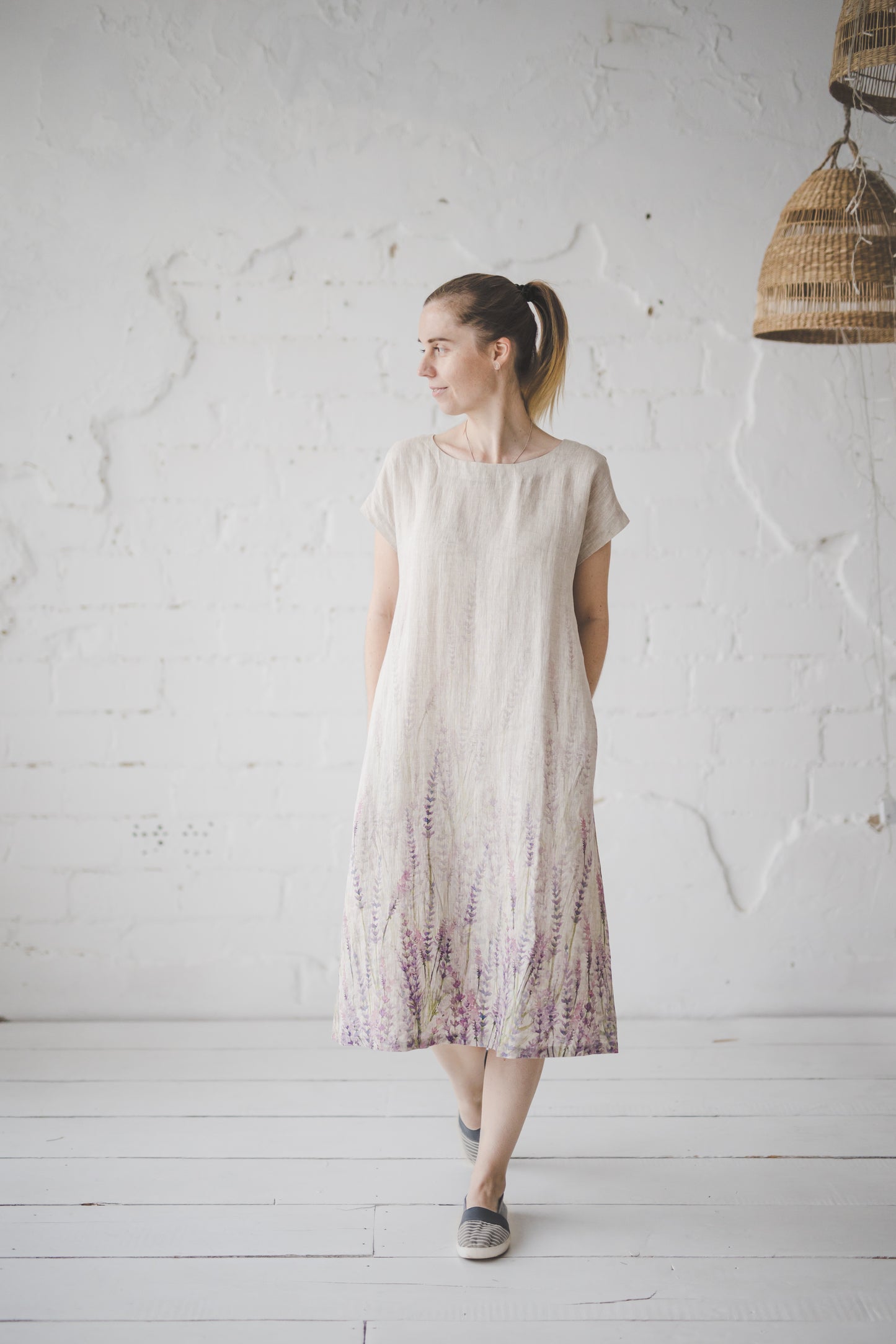 RAMUNĖ short sleeves midi linen dress with Blue Ombre Floral print