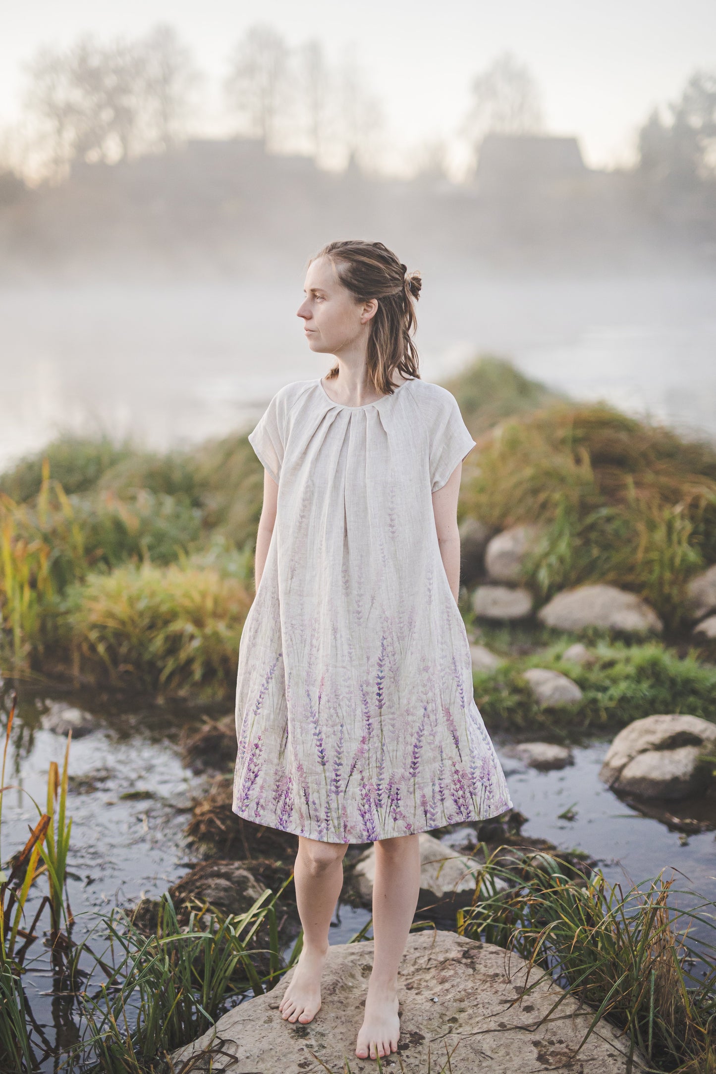 RASA short sleeves mini linen dress with Green Ombre Forest print