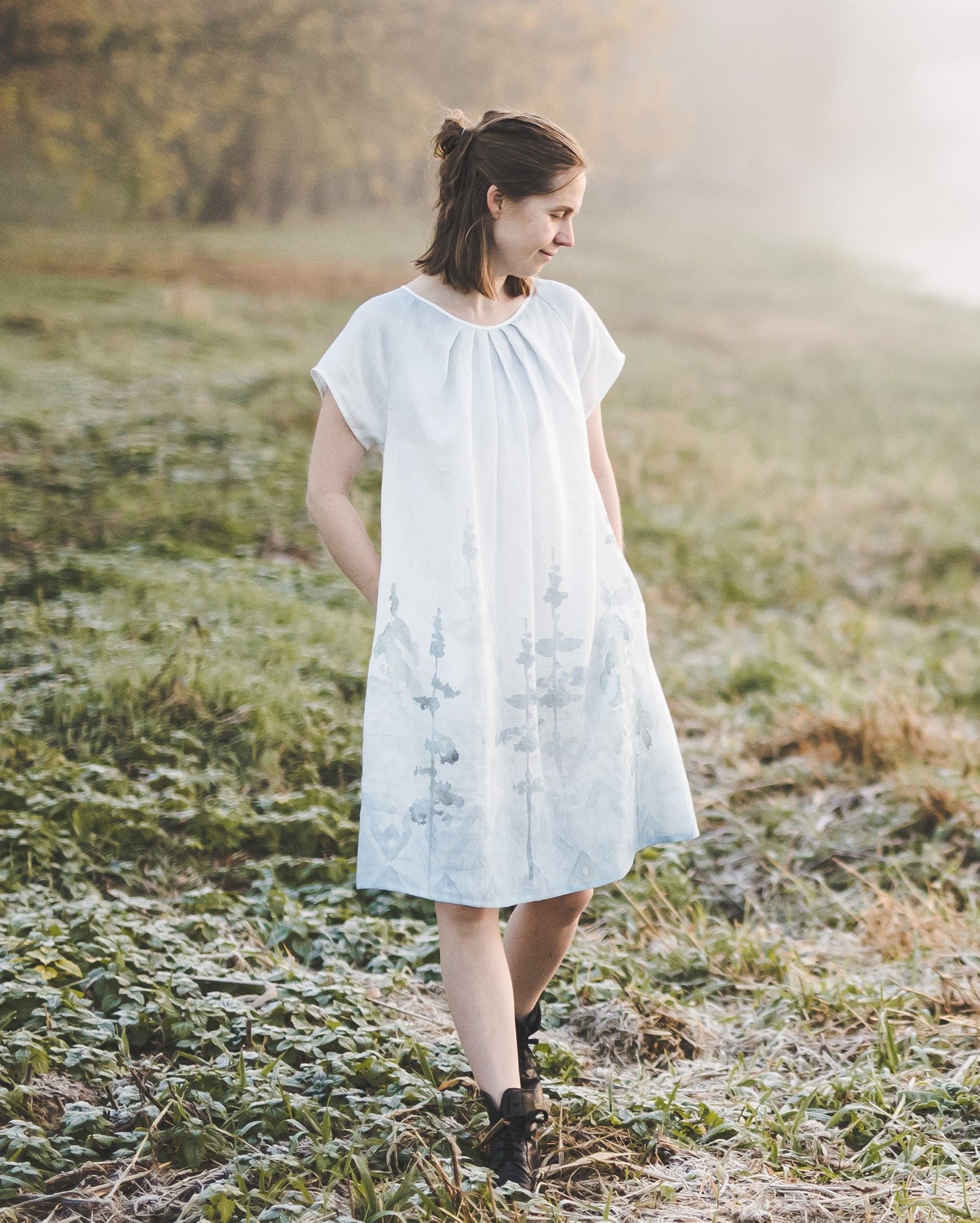 RASA short sleeves mini linen dress with Green Ombre Forest print
