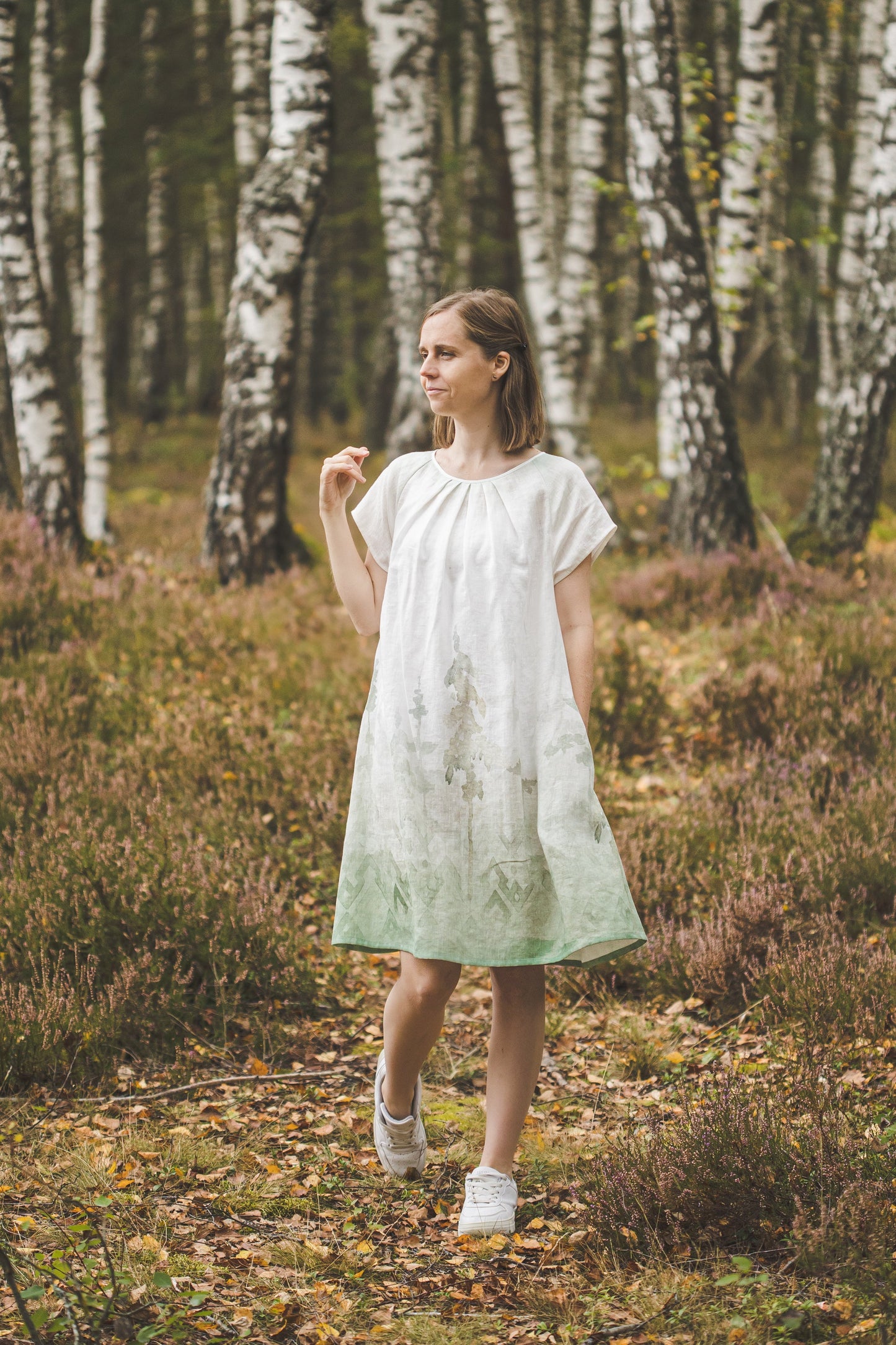 RASA short sleeves mini linen dress with Green Ombre Forest print