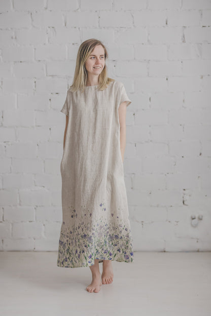 PIEVA short sleeves maxi linen dress with Linen field print