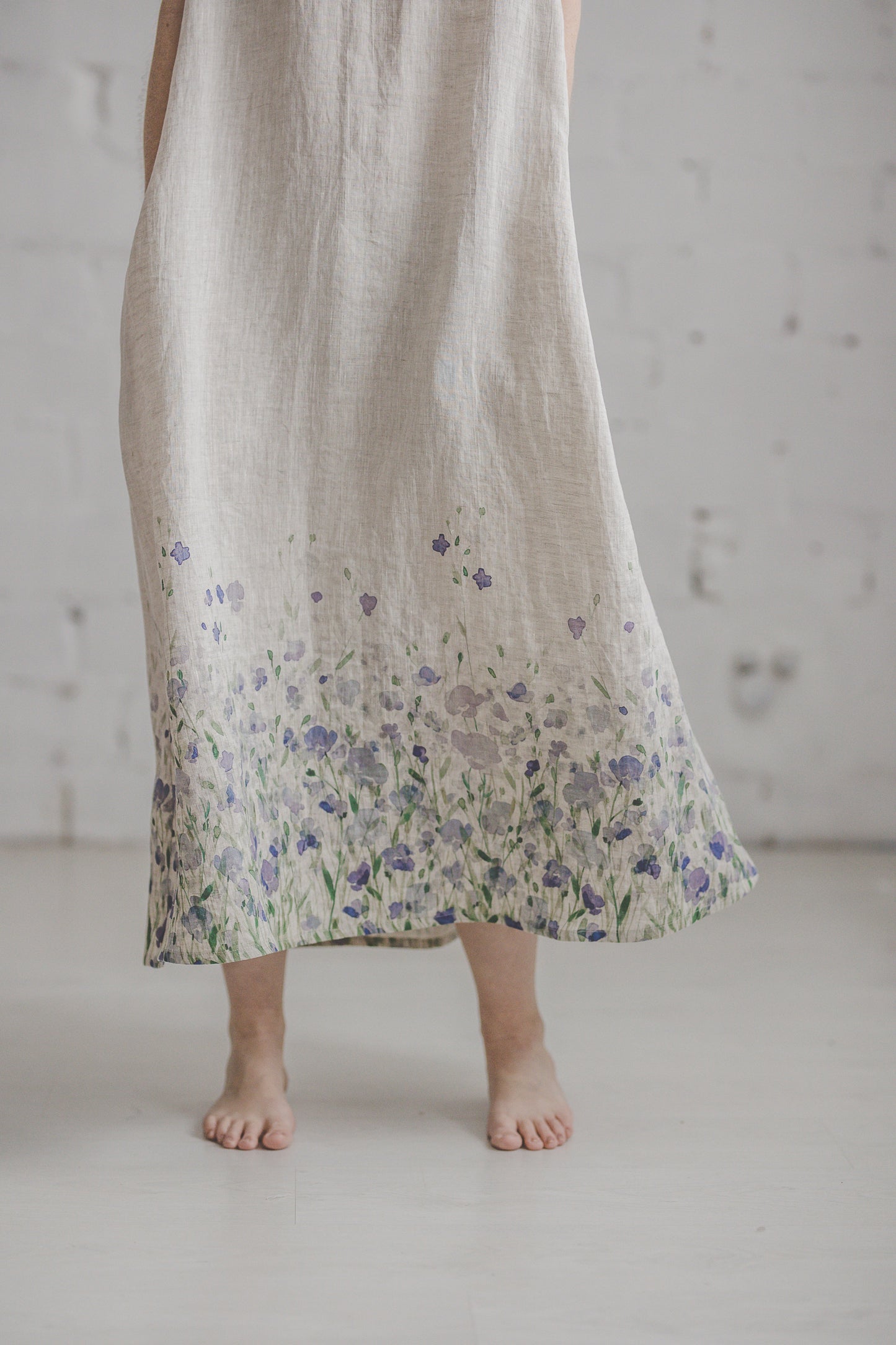 PIEVA short sleeves maxi linen dress with Linen field print