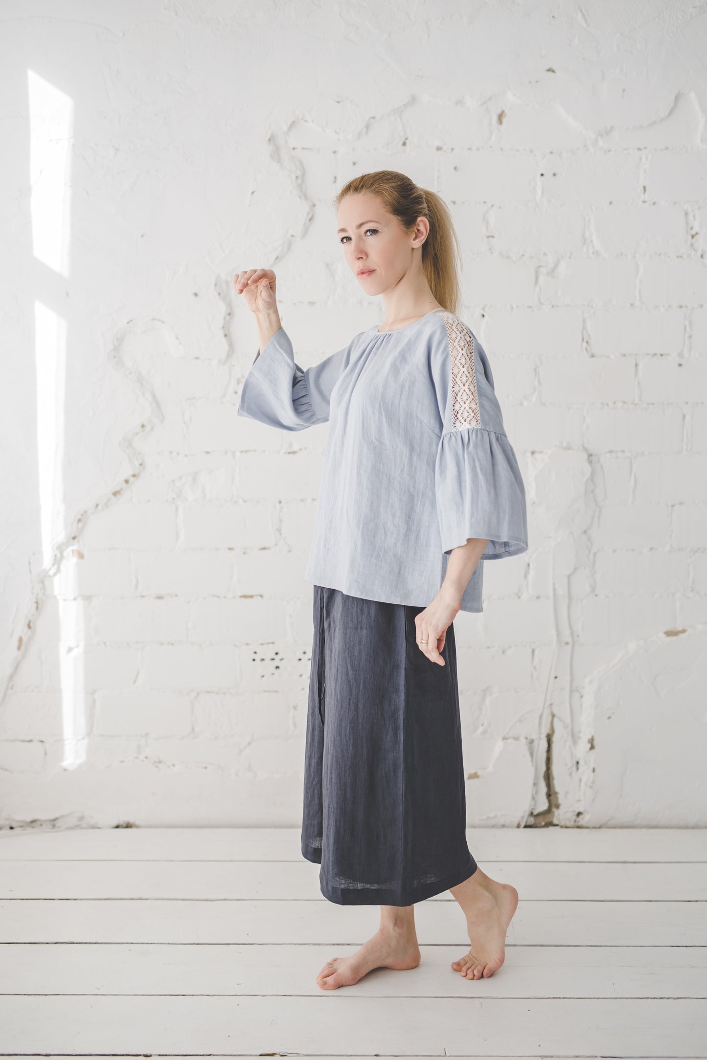 RŪTA linen blouse with crochet lace in Sky blue