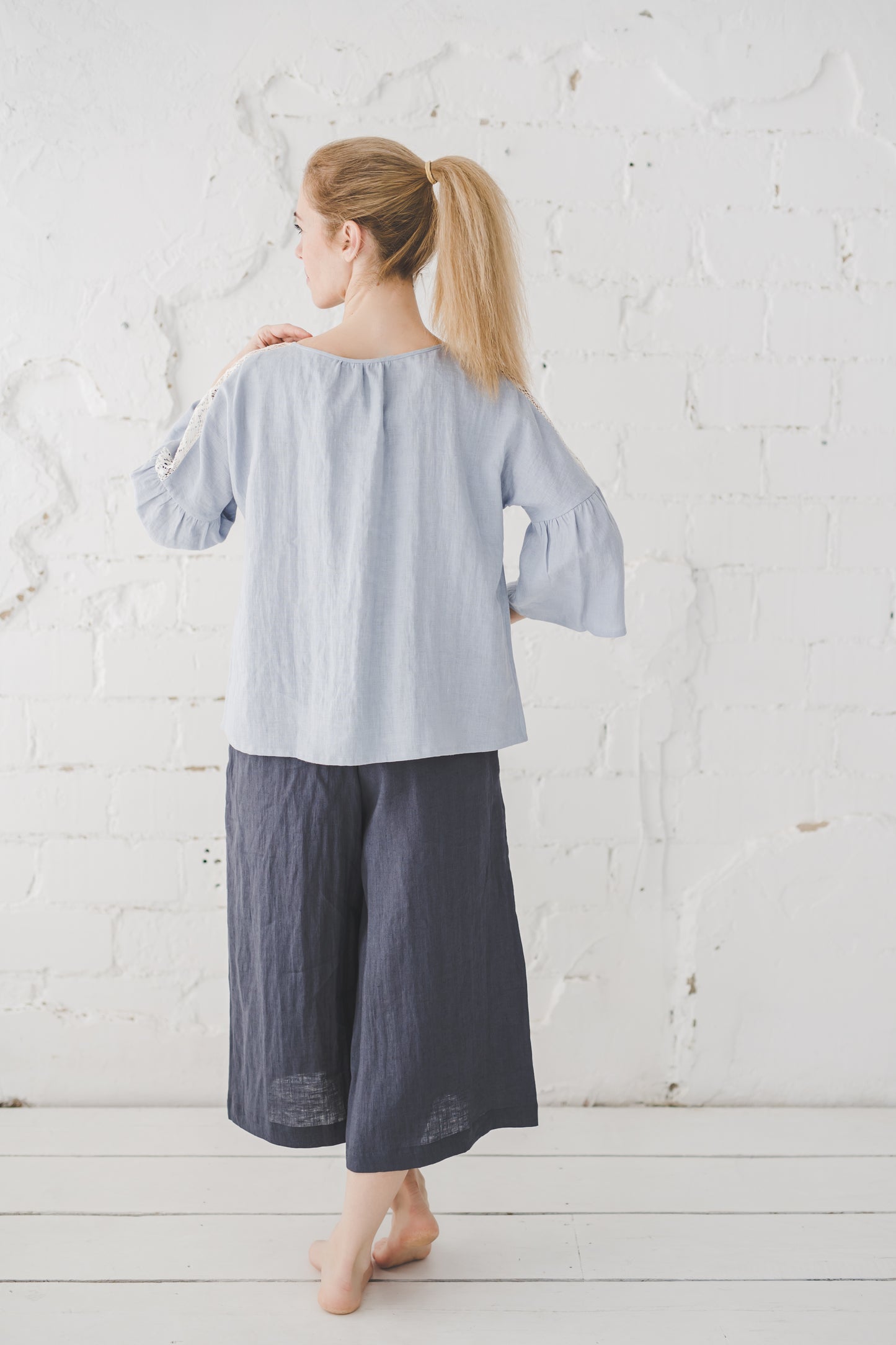 RŪTA linen blouse with crochet lace in Sky blue