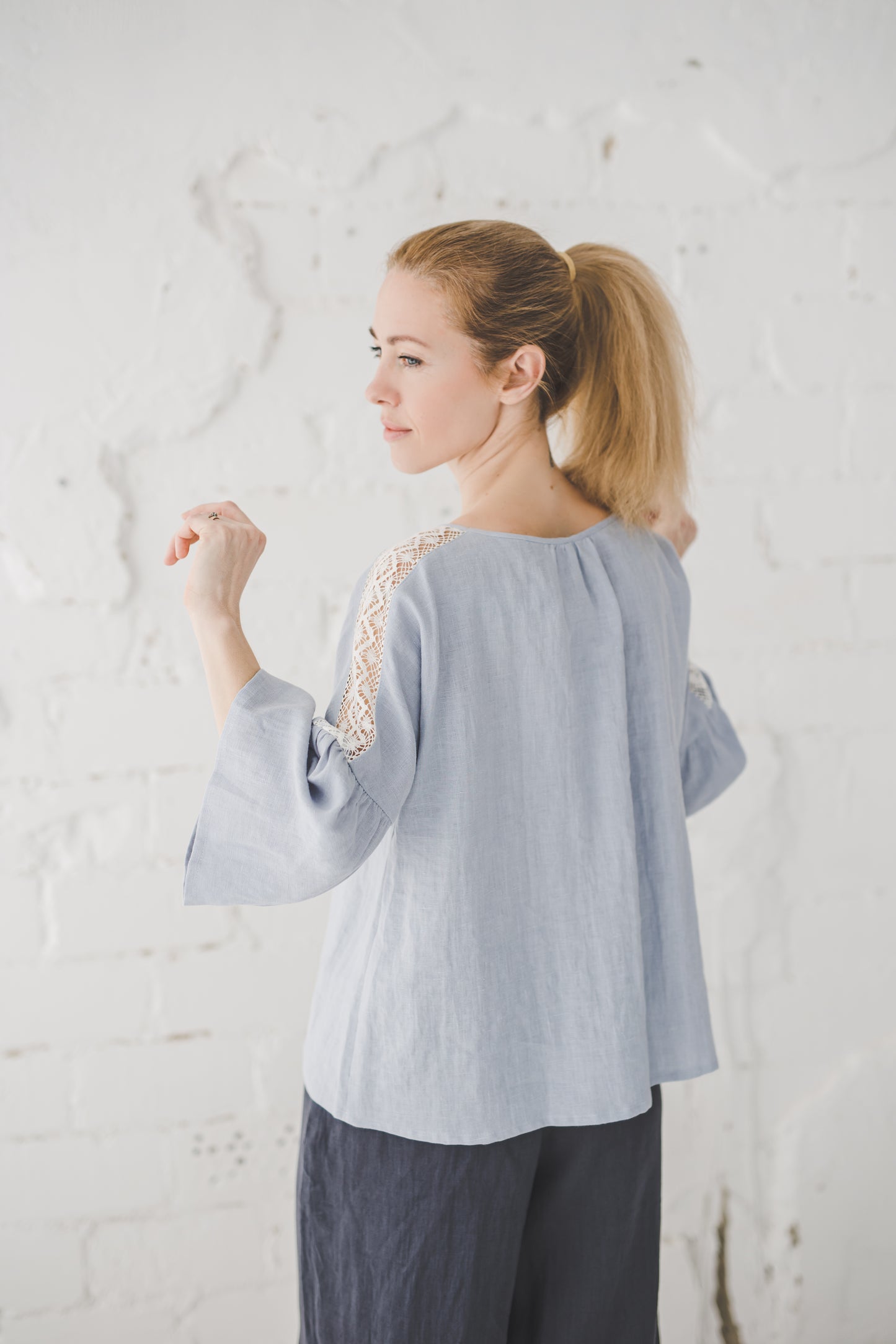 RŪTA linen blouse with crochet lace in Sky blue