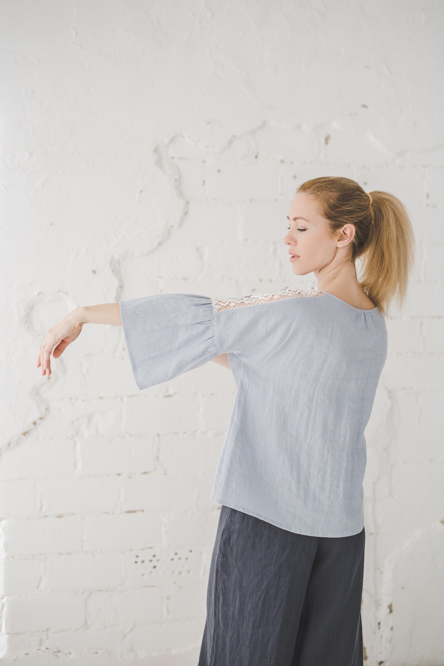 RŪTA linen blouse with crochet lace in Sky blue