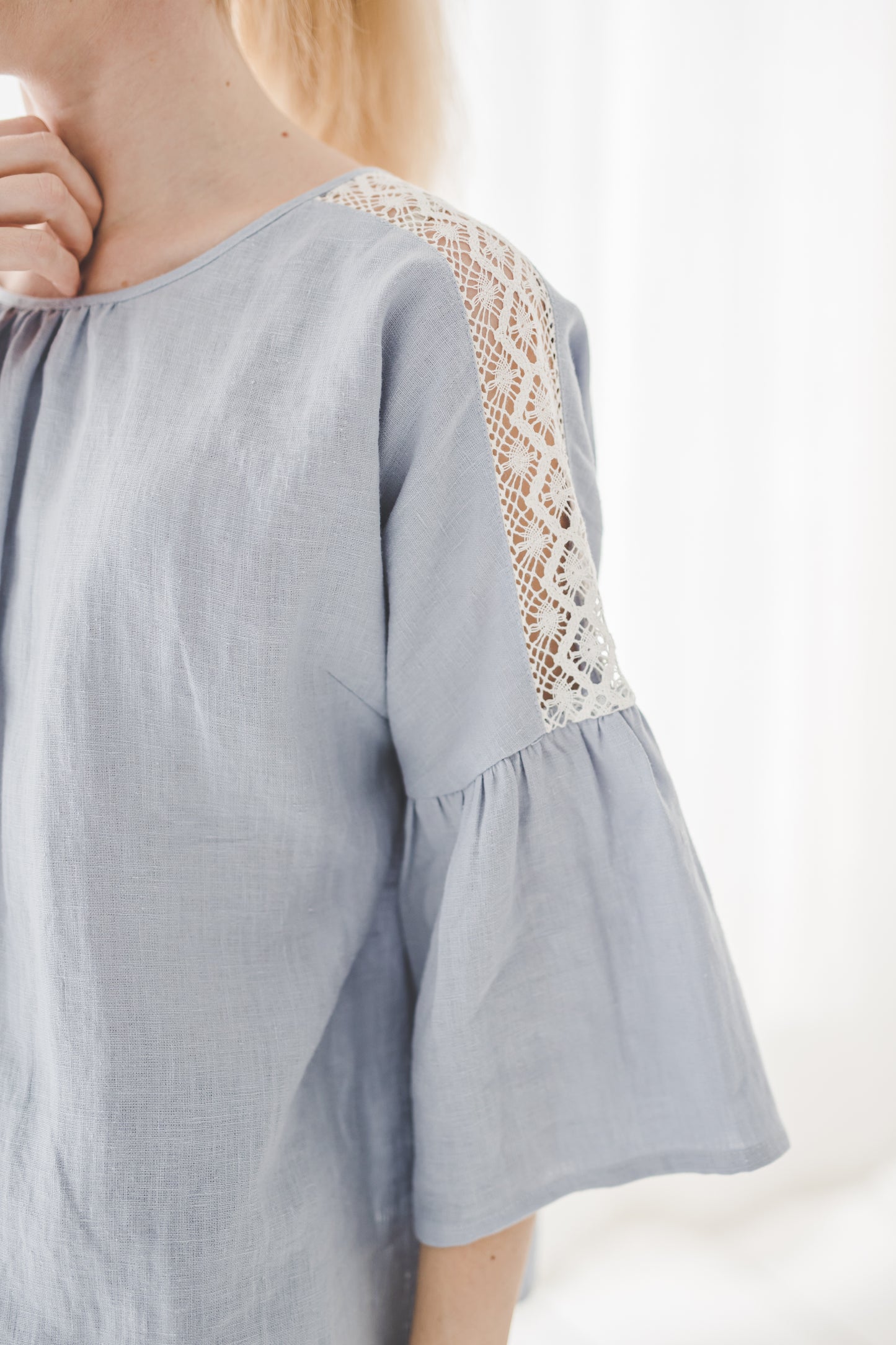 RŪTA linen blouse with crochet lace in Sky blue