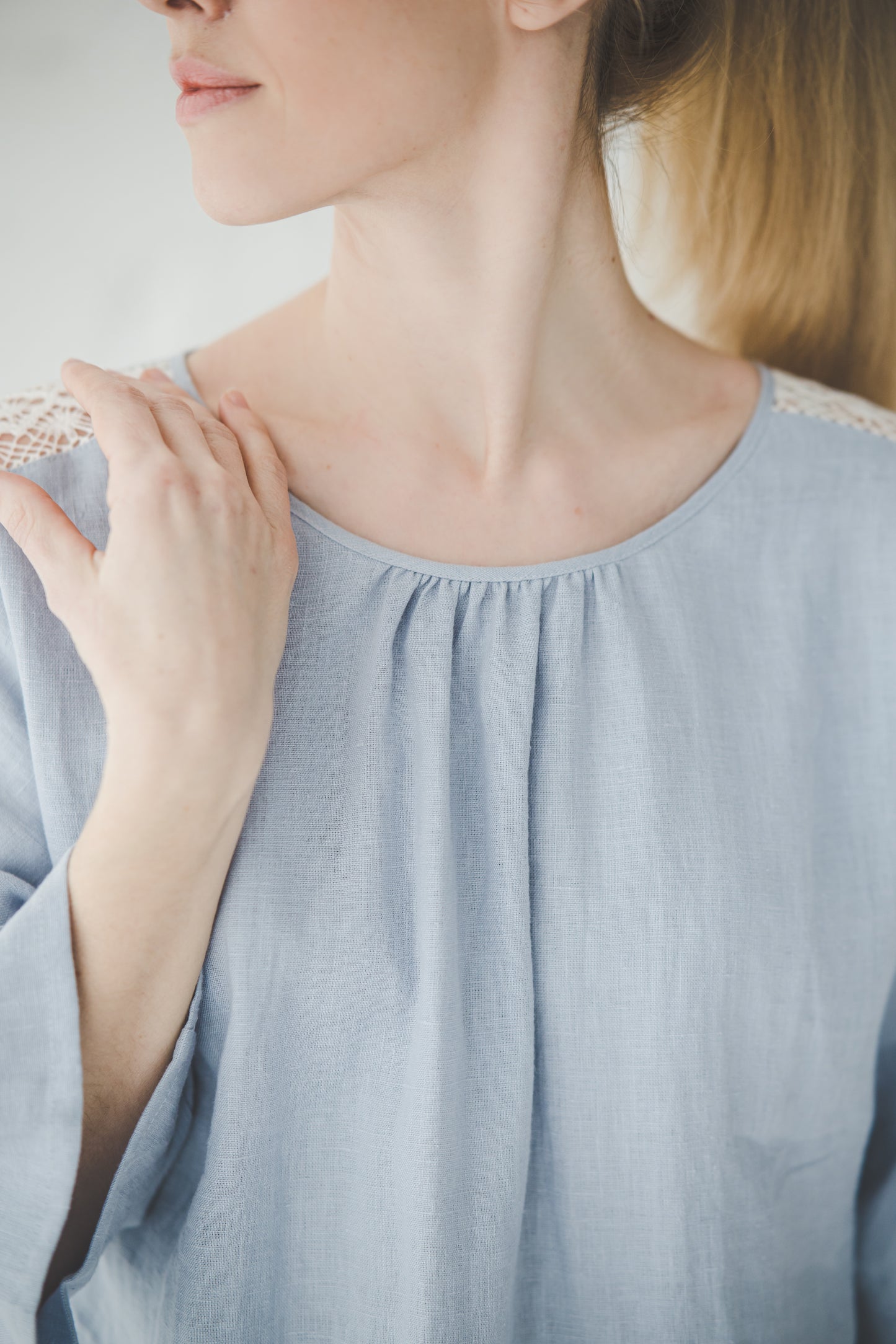 RŪTA linen blouse with crochet lace in Sky blue