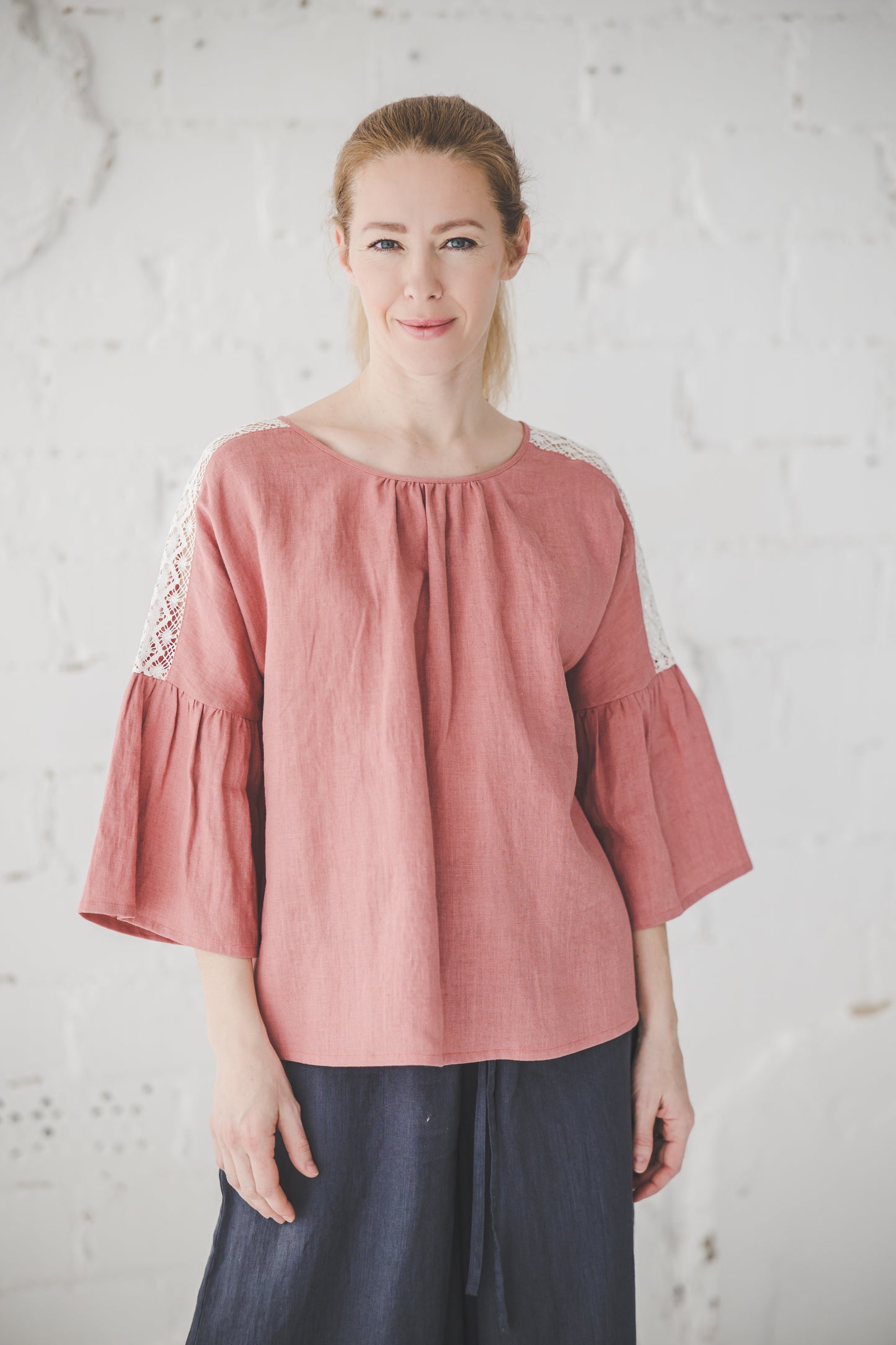 RŪTA linen blouse with crochet lace in Sky blue