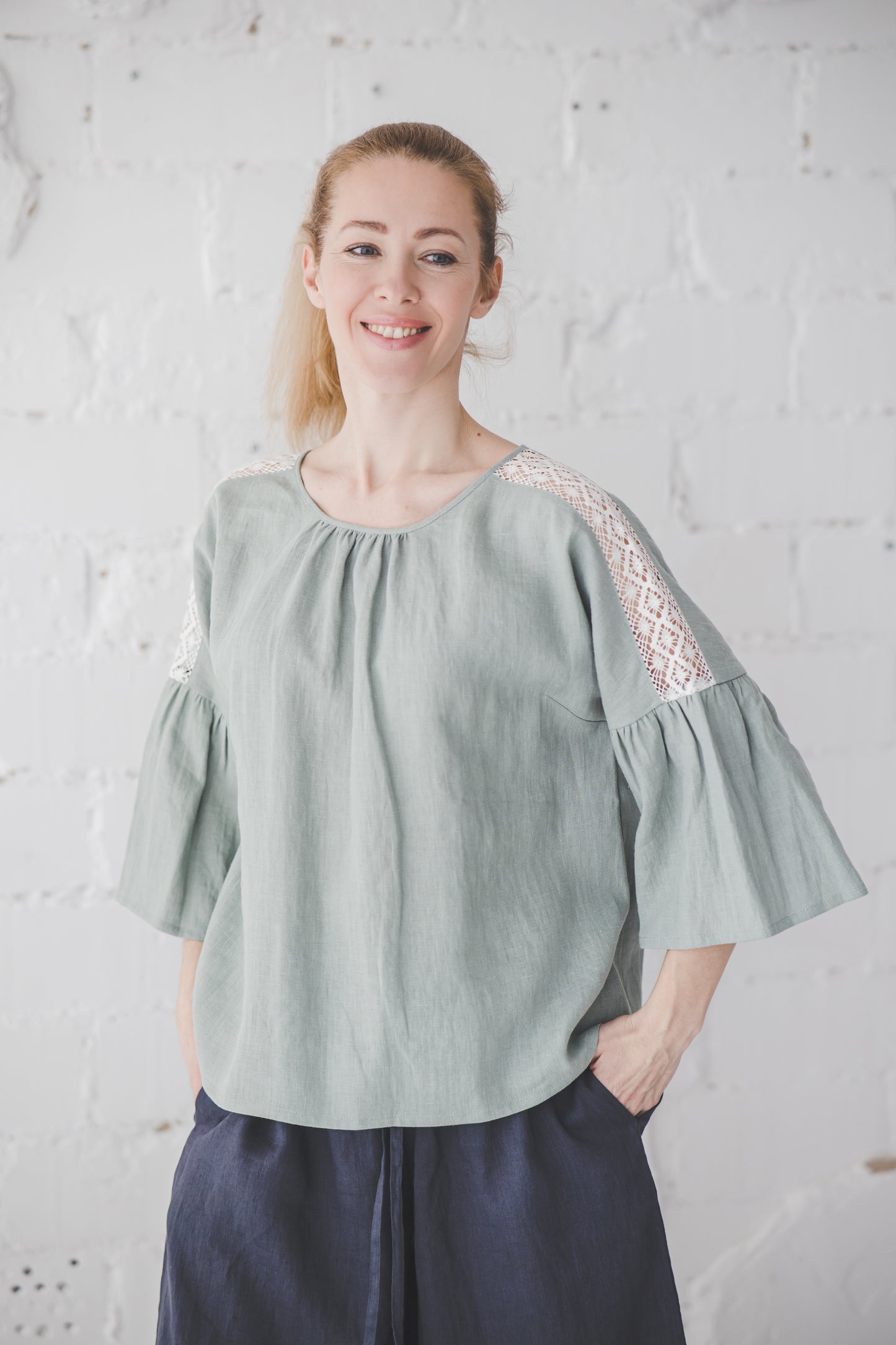 RŪTA linen blouse with crochet lace in Sky blue