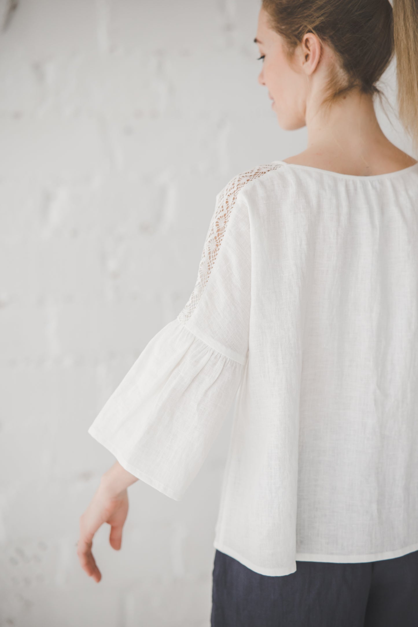 RŪTA linen blouse with crochet lace in Natural linen color