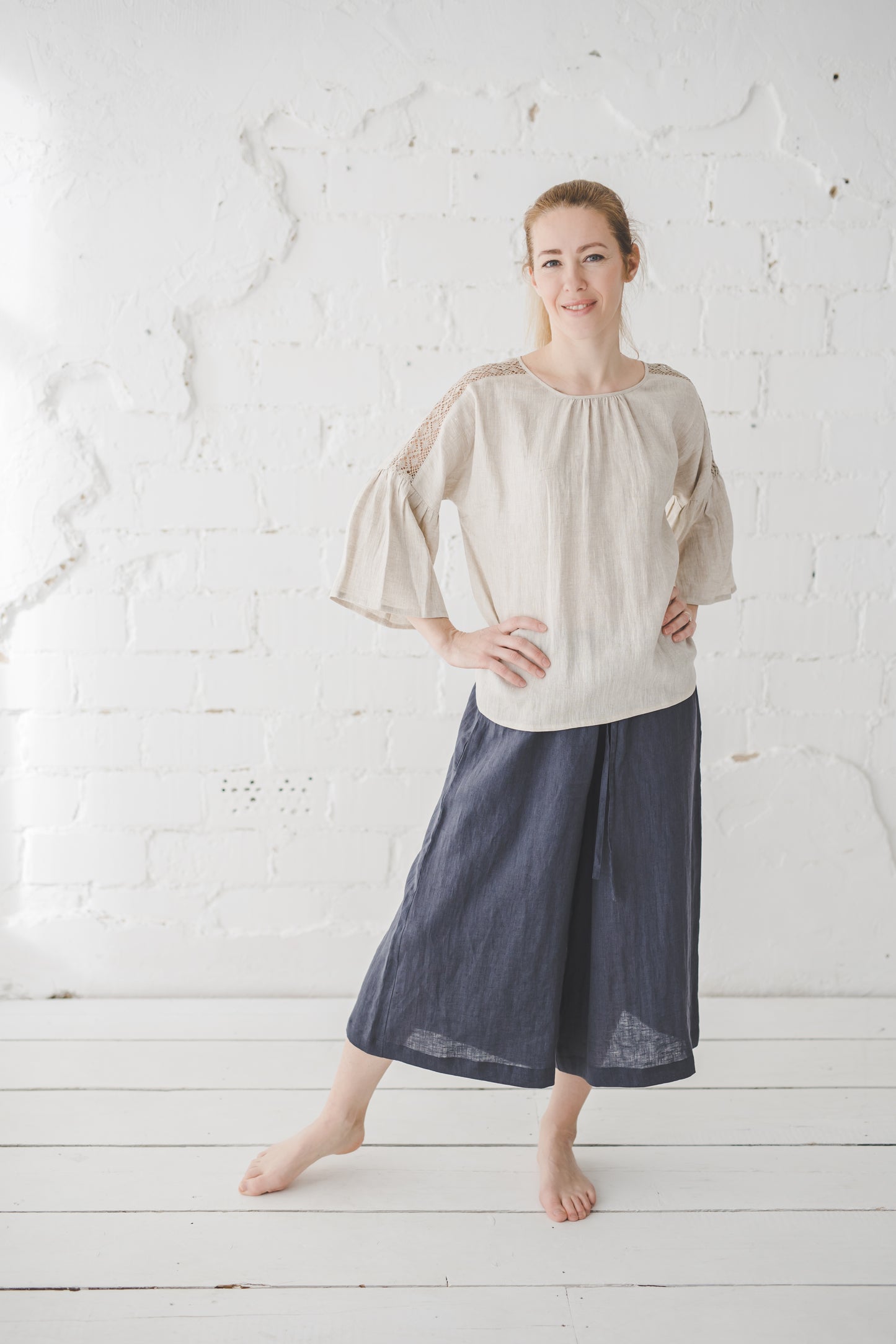 RŪTA linen blouse with crochet lace in Natural linen color