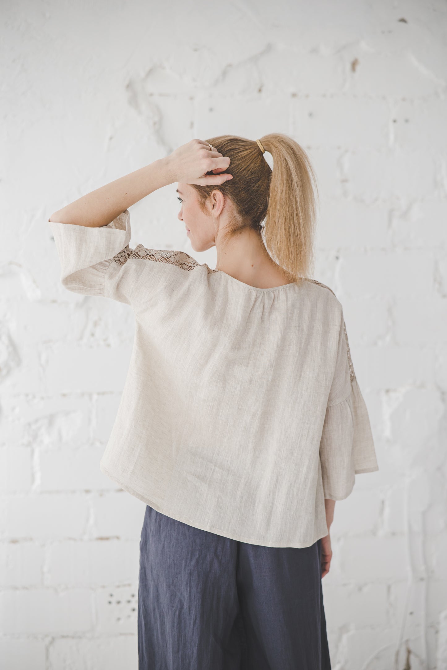 RŪTA linen blouse with crochet lace in Natural linen color