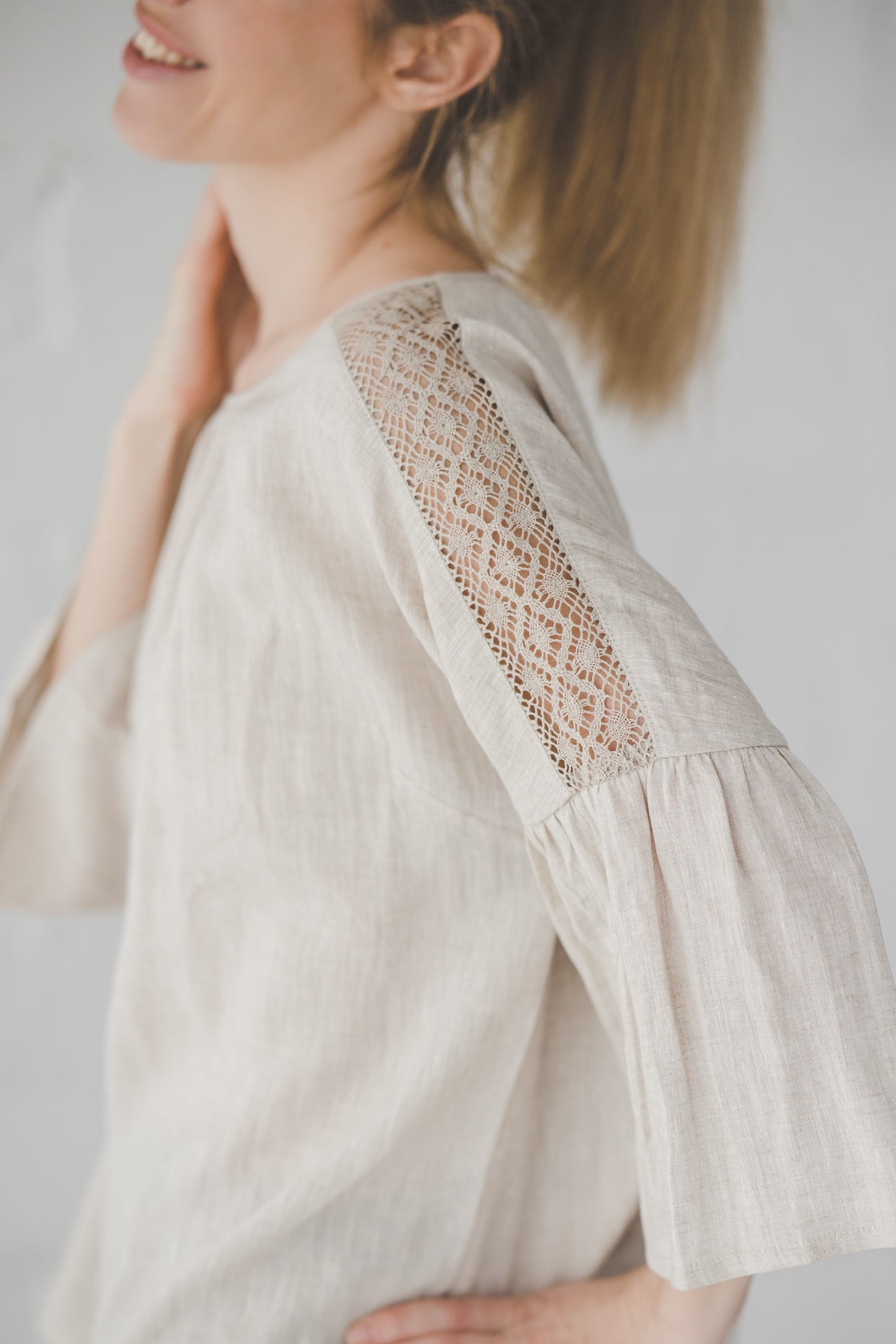 RŪTA linen blouse with crochet lace in Sky blue