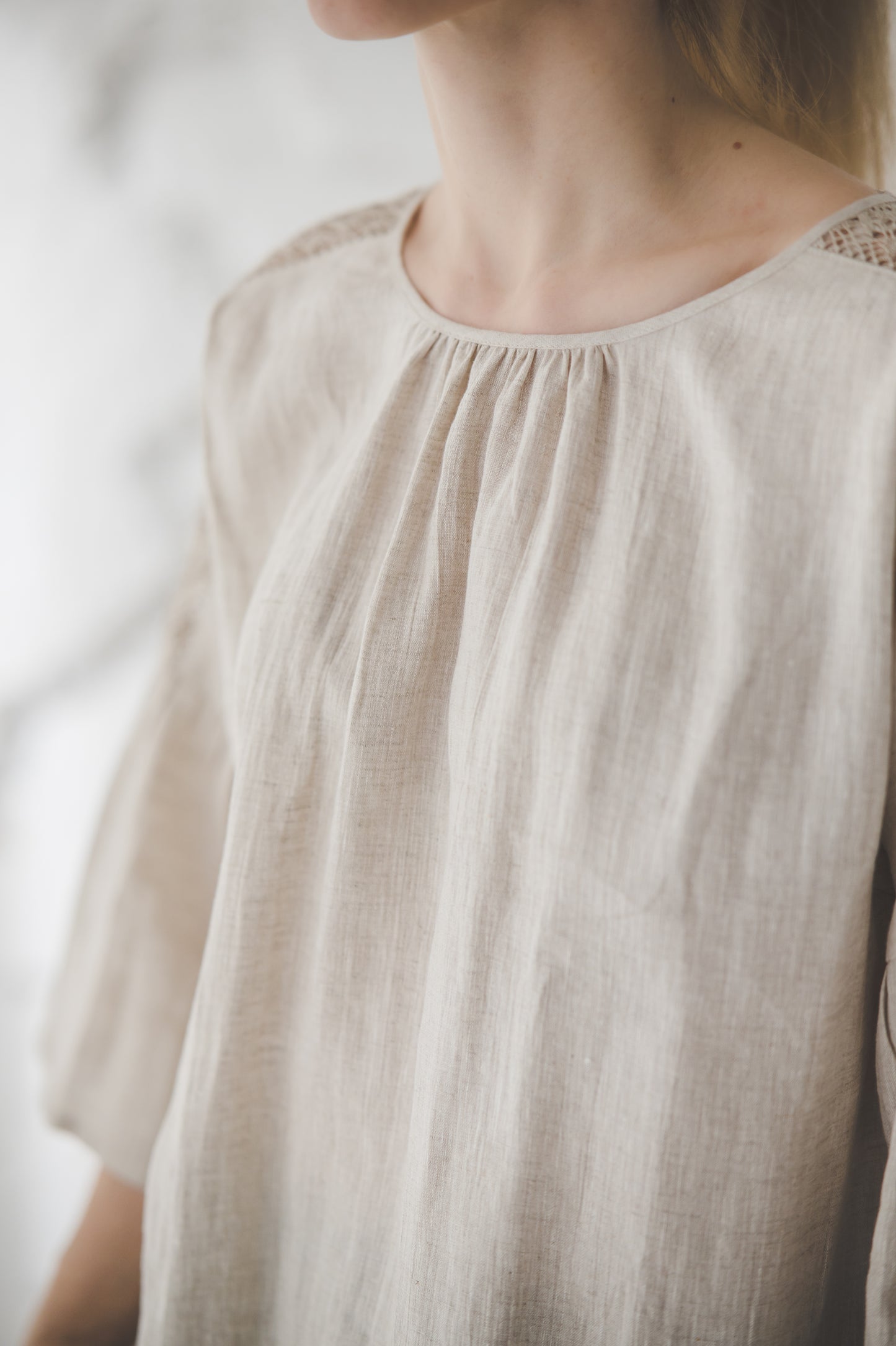 RŪTA linen blouse with crochet lace in Natural linen color