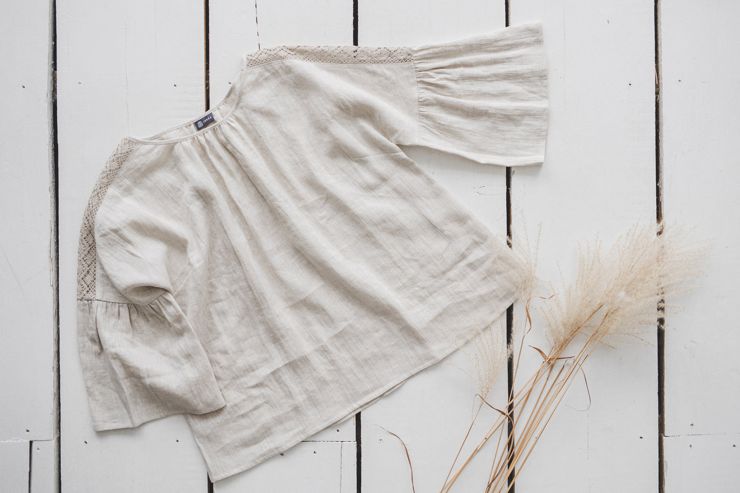 RŪTA linen blouse with crochet lace in Natural linen color