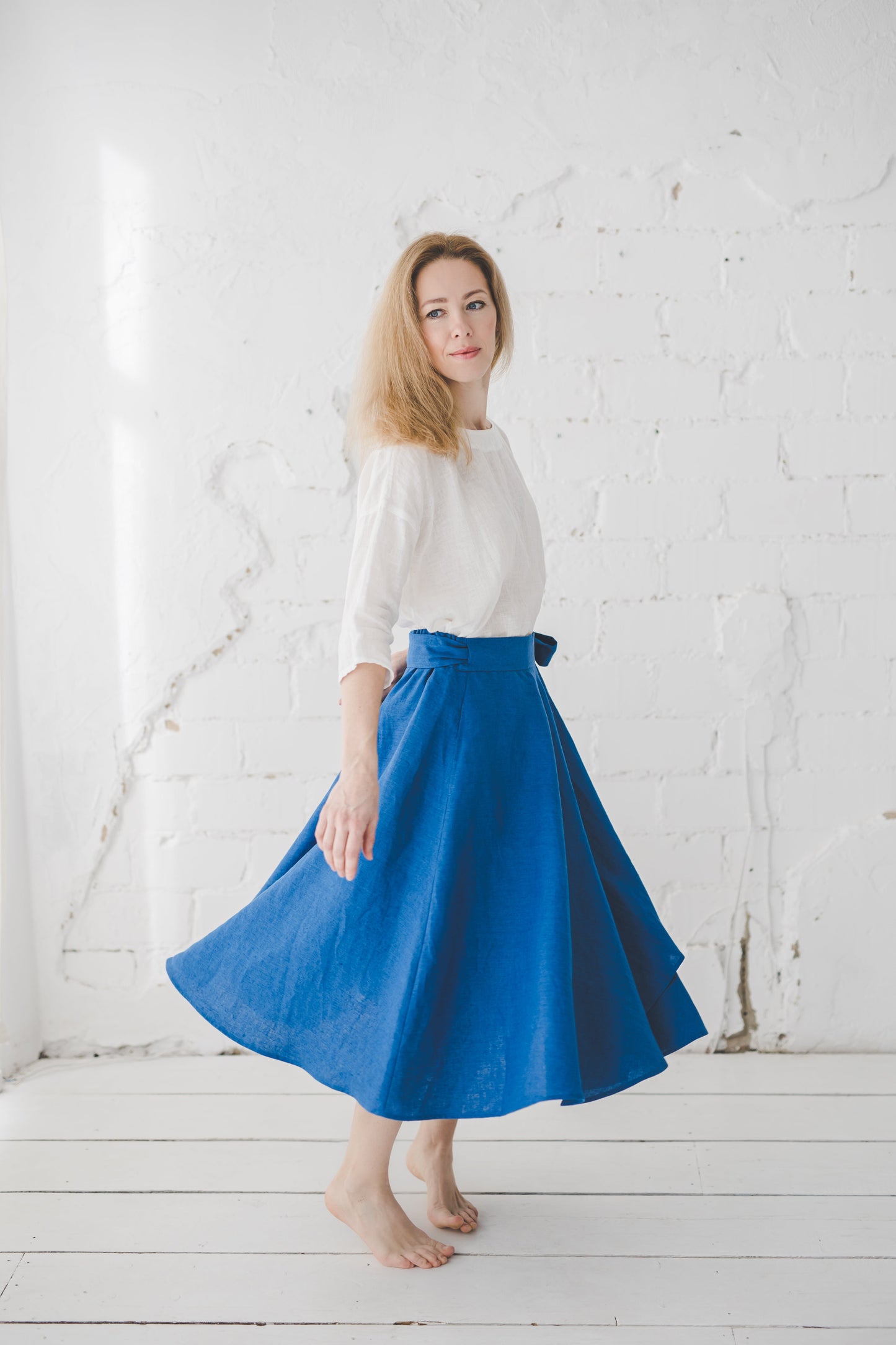 ŽIEDAS Full circle linen wrap skirt in Azure blue color