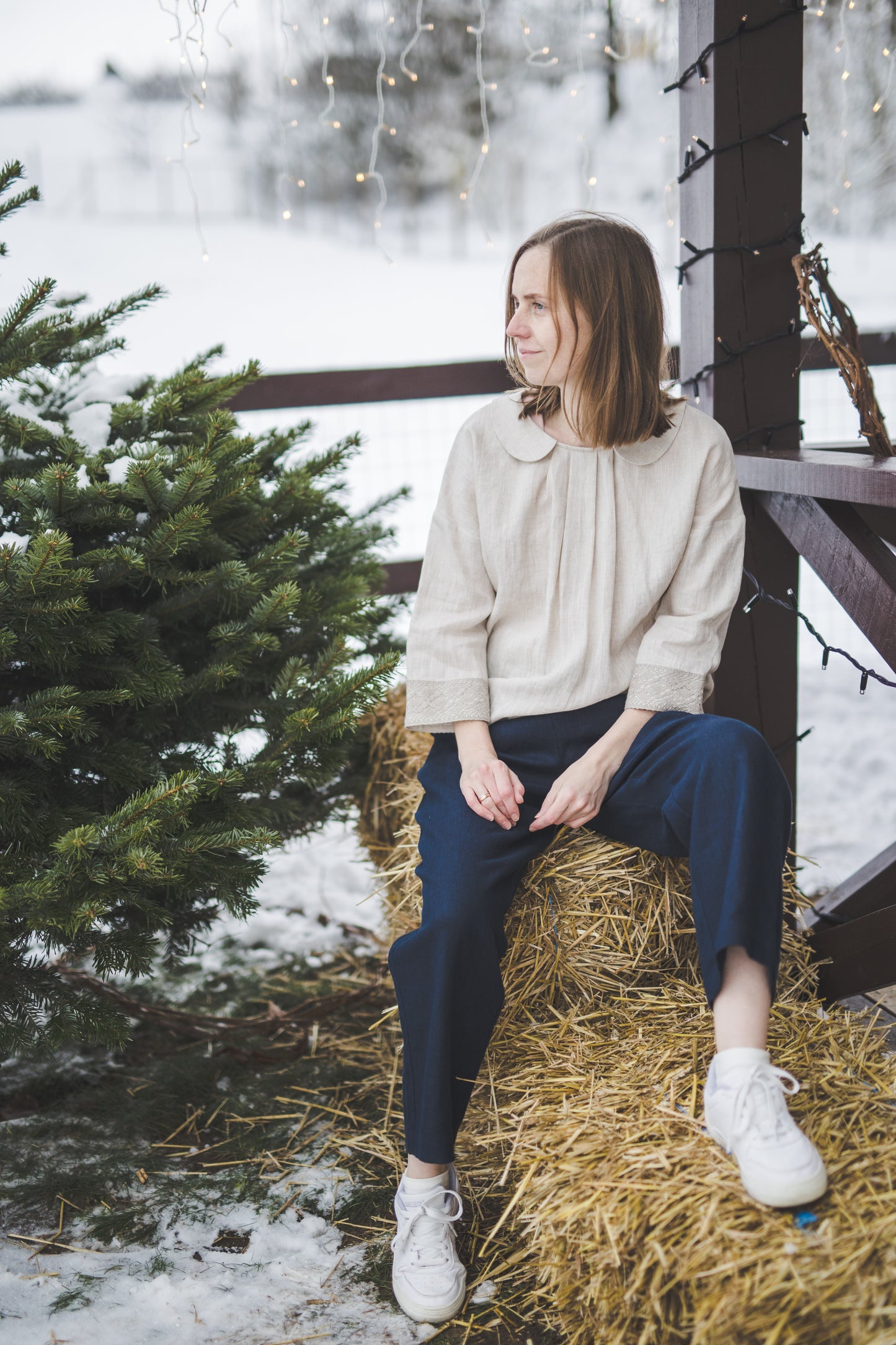 PASAKA linen blouse with lace crochet details in Natural linen color