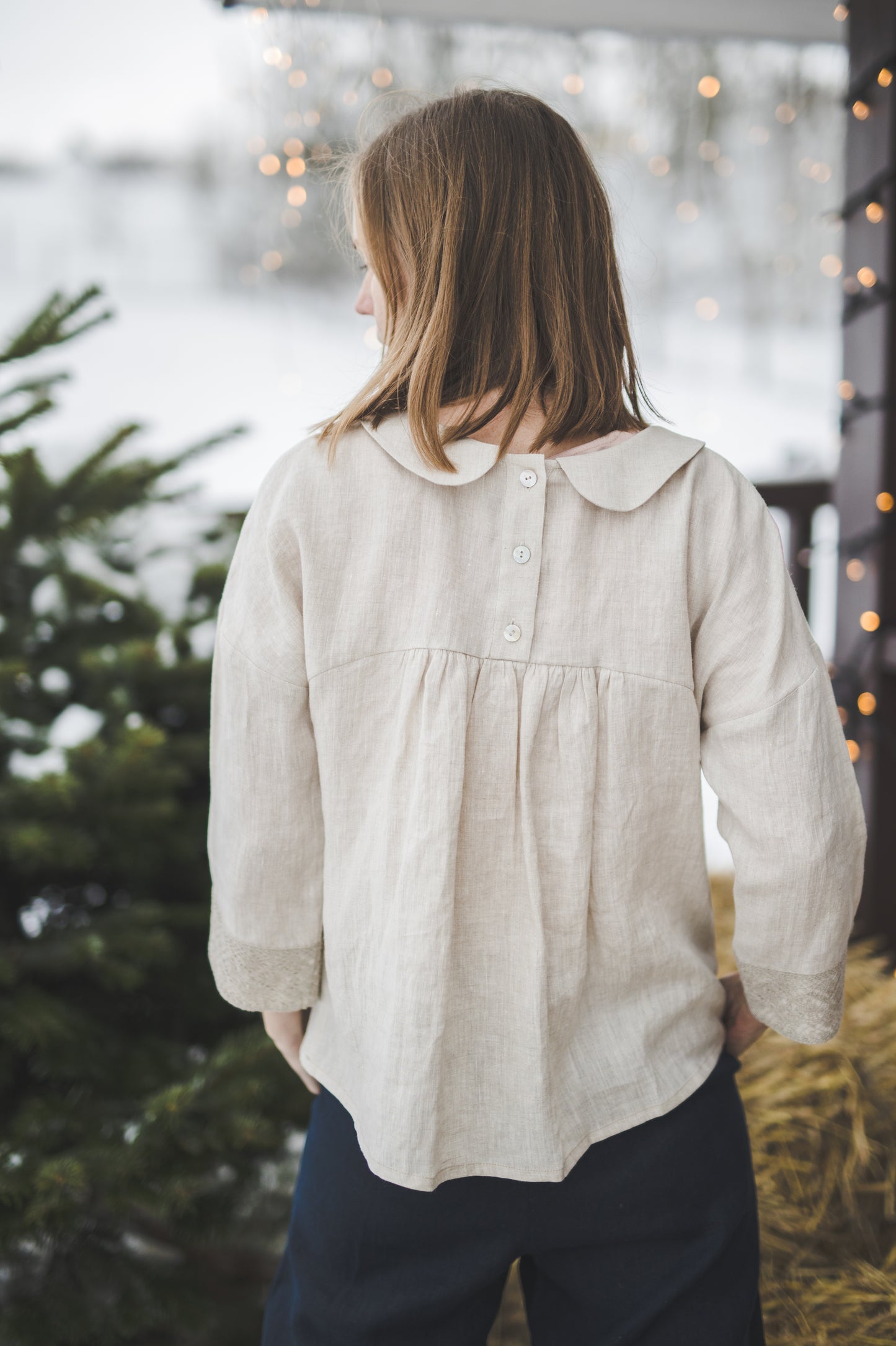 PASAKA linen blouse with lace crochet details in Natural linen color