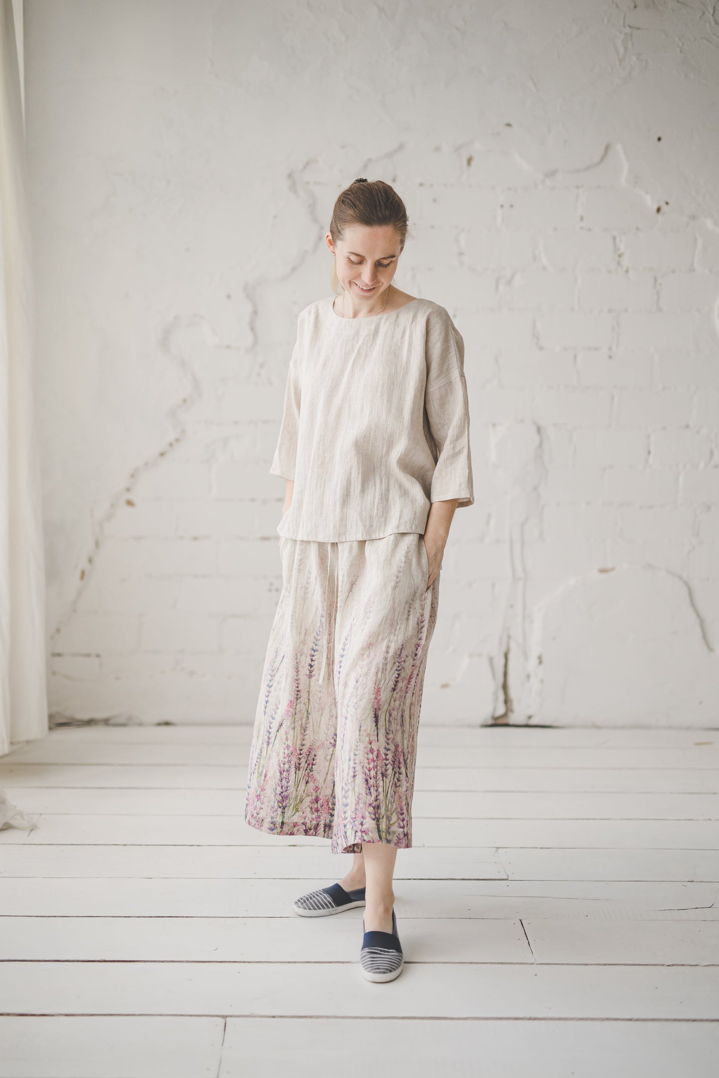 TYLA wide leg linen culottes pants with Lavender print