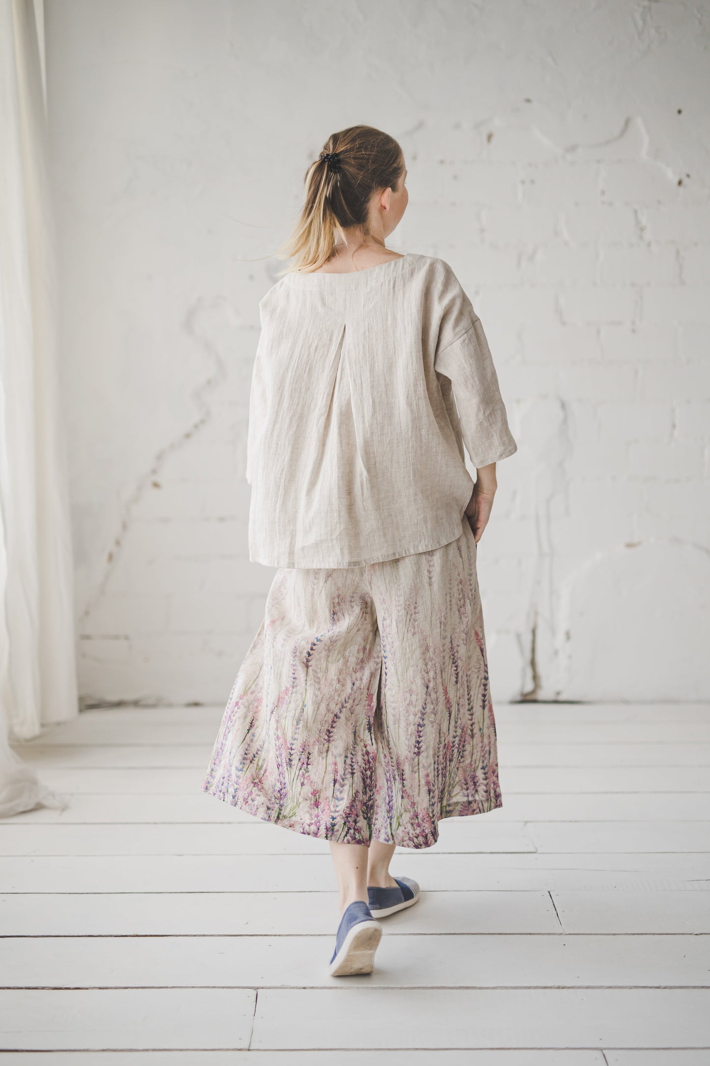 TYLA wide leg linen culottes pants with Lavender print