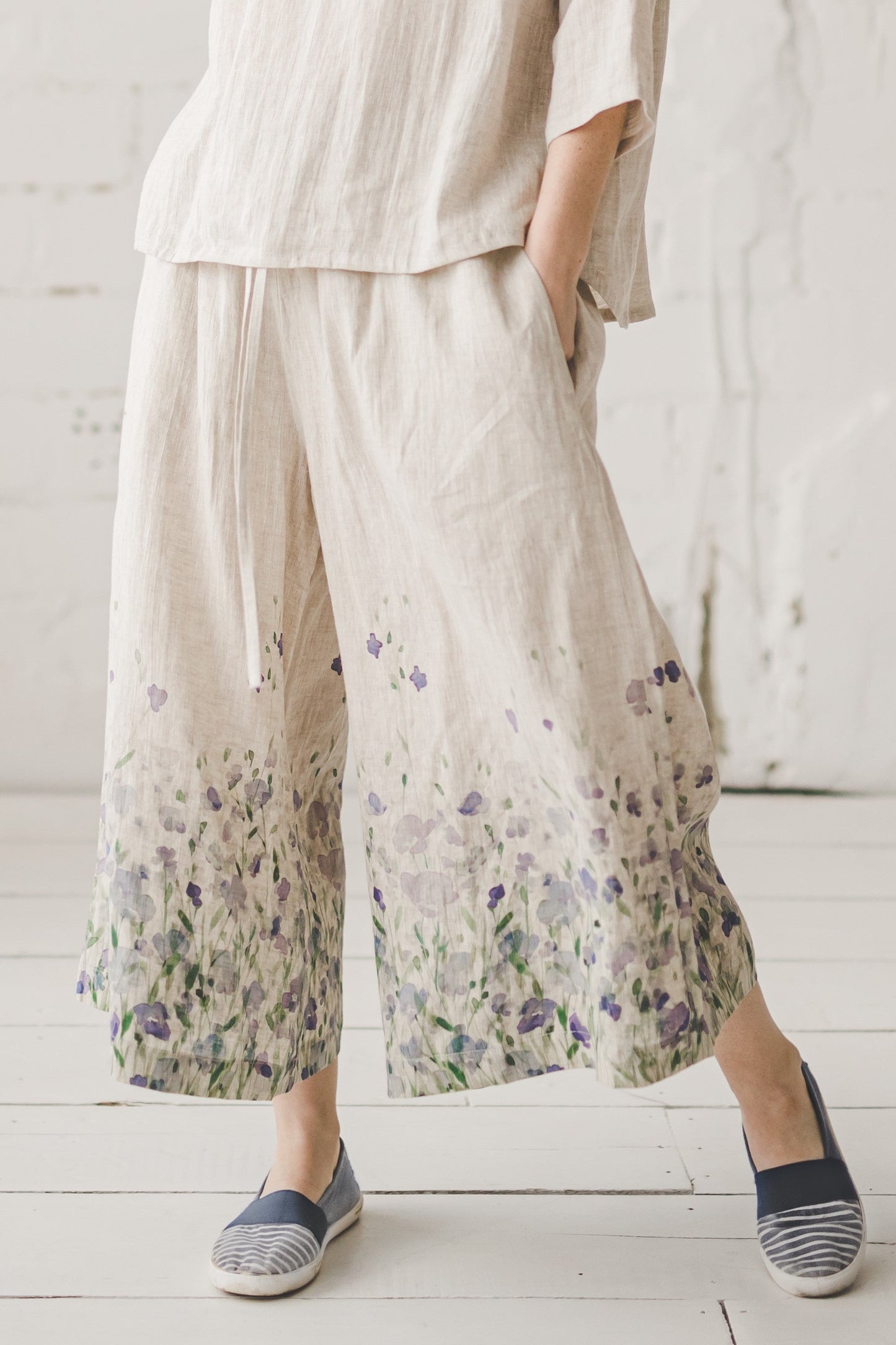 TYLA wide leg linen culottes pants with Lavender print