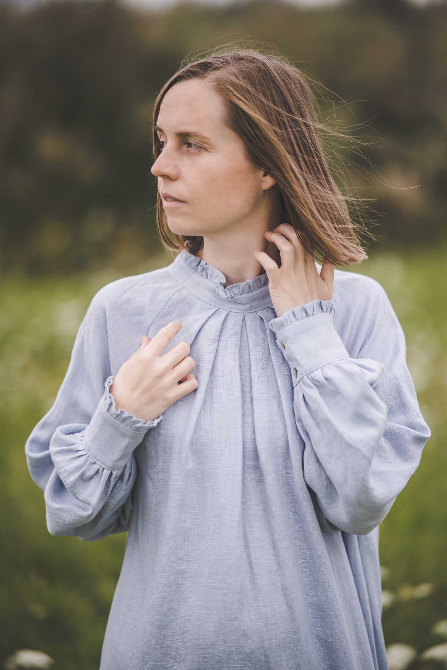 META linen blouse with puffy sleeves & frills in Teal color