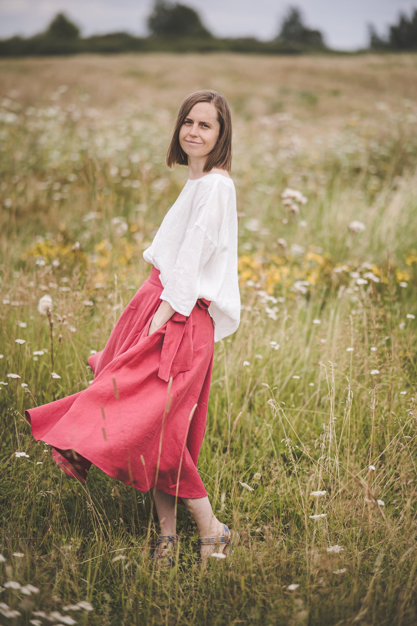 ŽIEDAS Full circle linen wrap skirt in Watermelon color