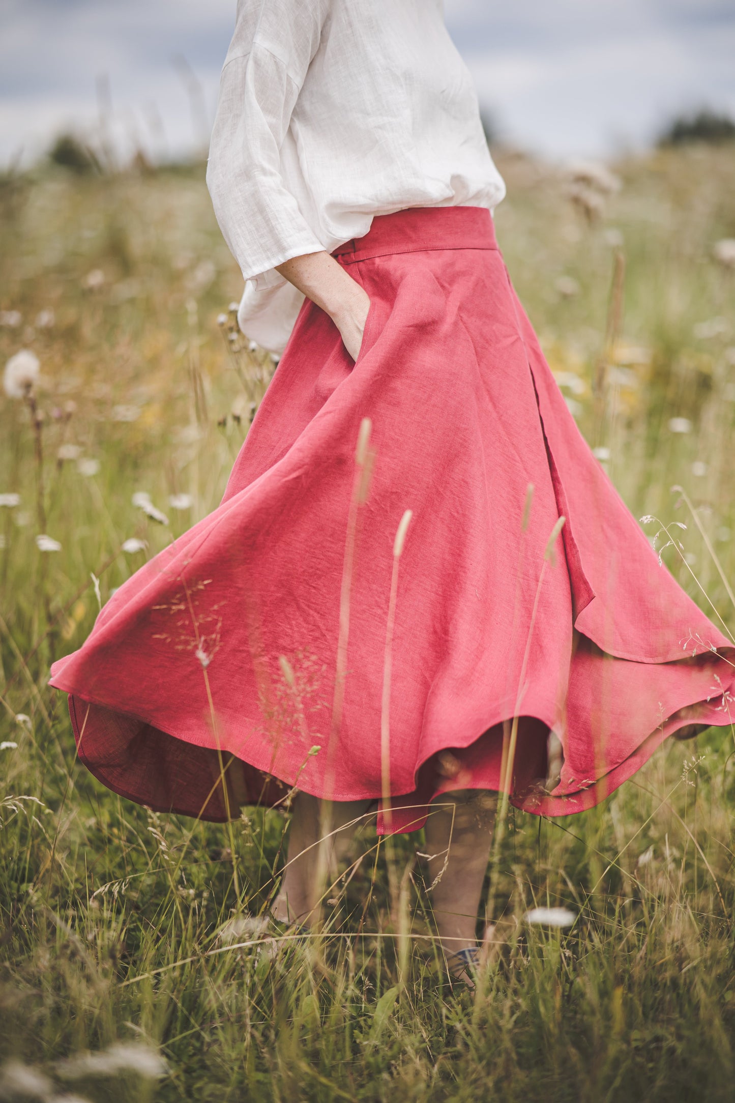 Watermelon red color 1950's round linen skirt with pockets