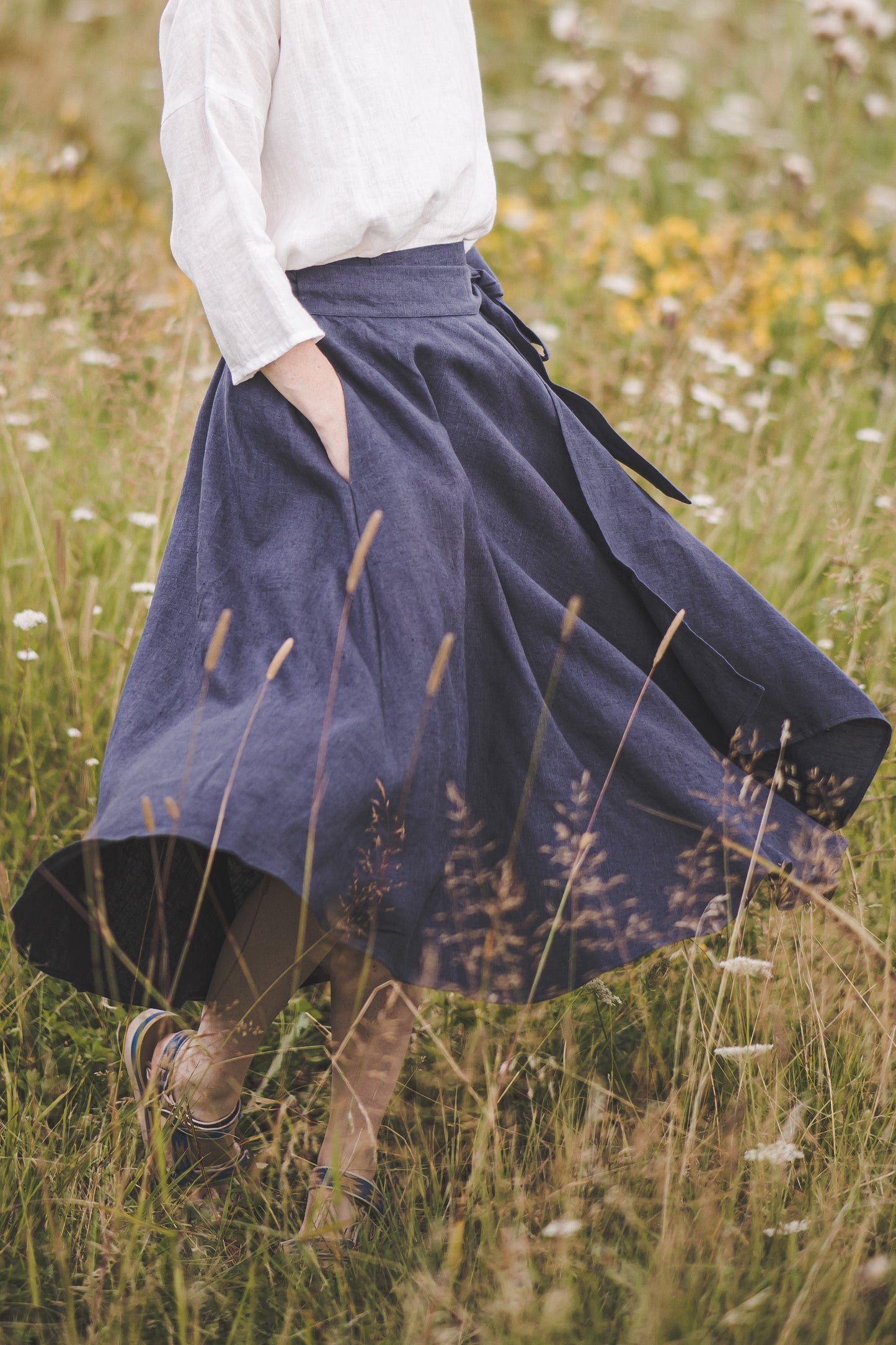 Dark gray flattering full circle midi linen skirt