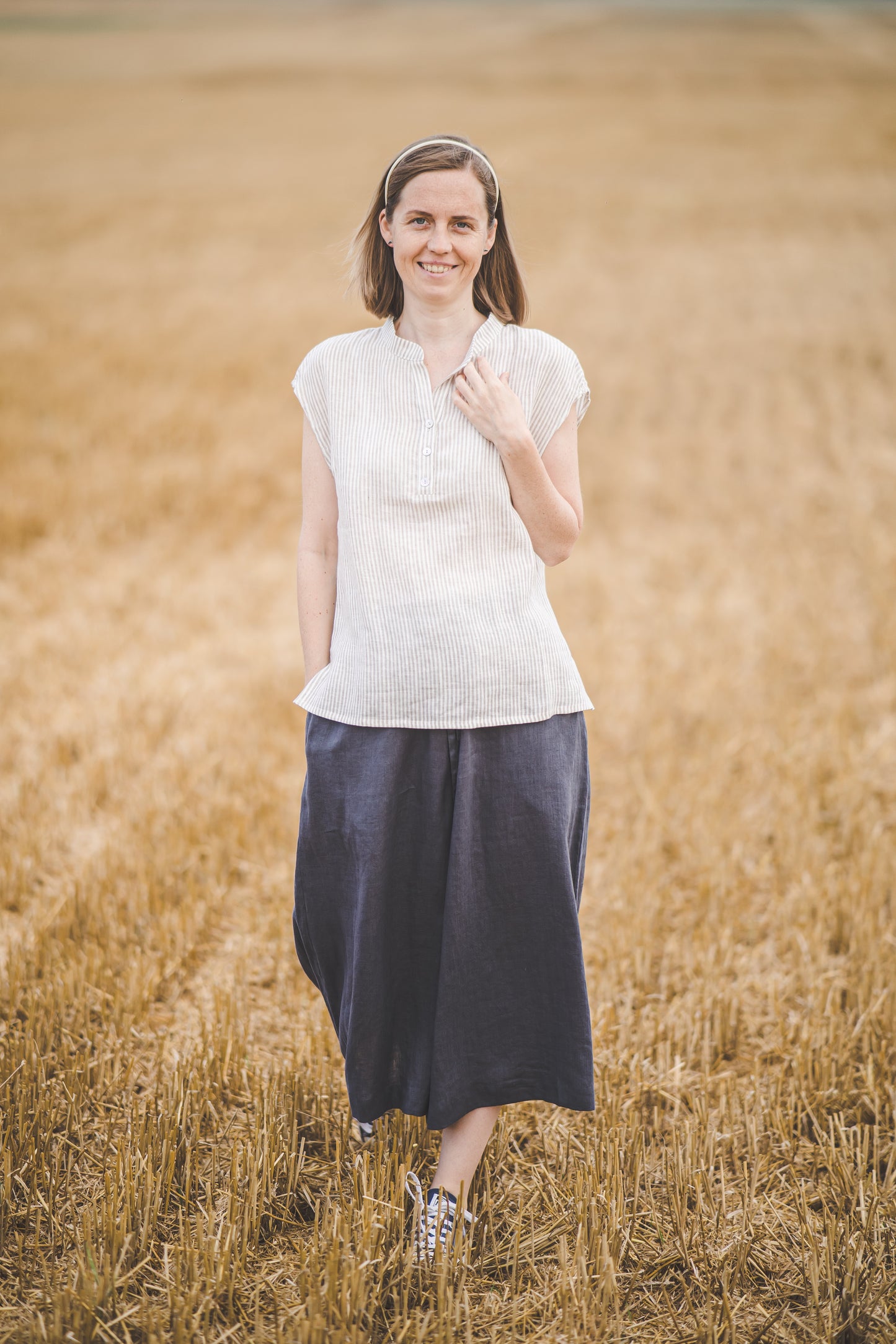 LIEPA short sleeves linen top in White striped Light weight linen