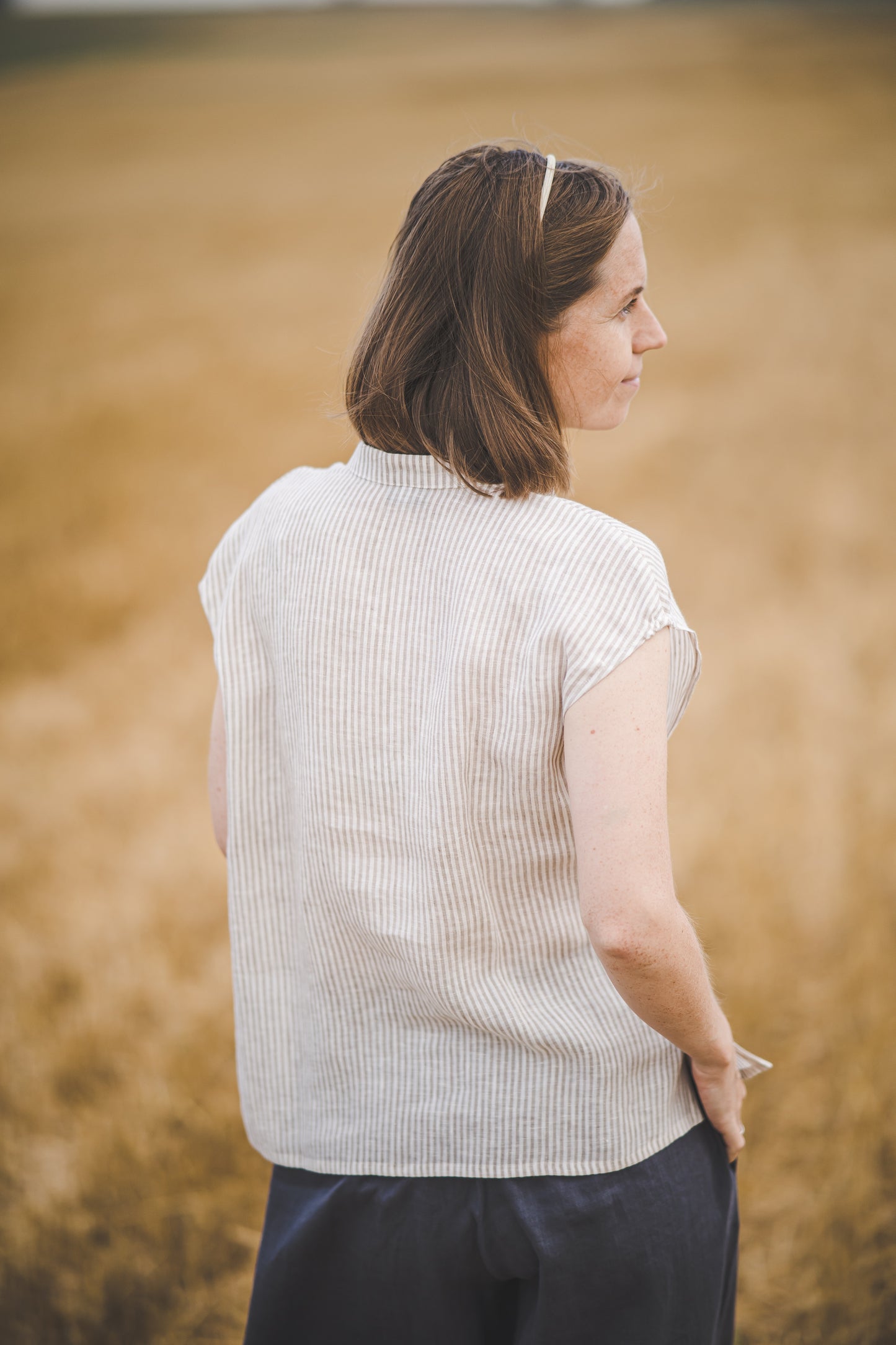 LIEPA short sleeves linen top in White striped Light weight linen