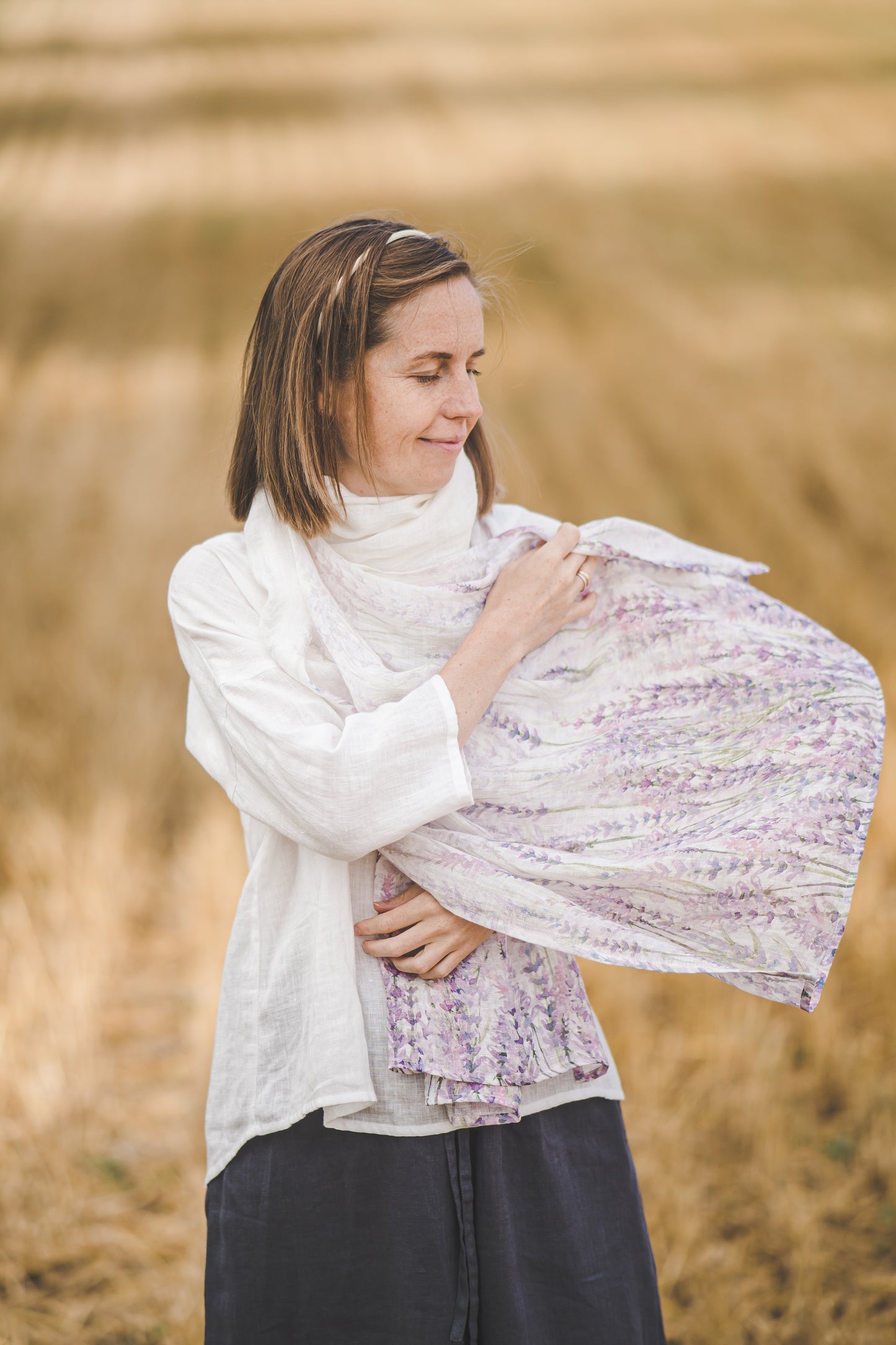 Soft and light linen scarf with Lavender print