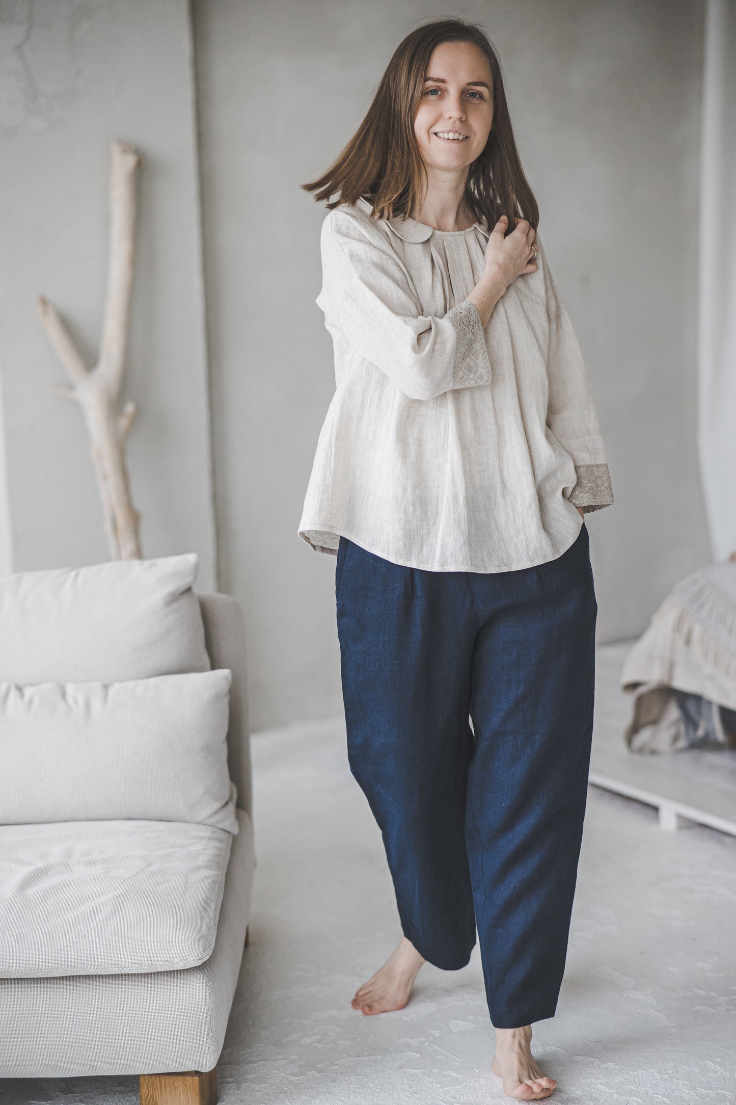 PASAKA linen blouse with lace crochet details in Natural linen color