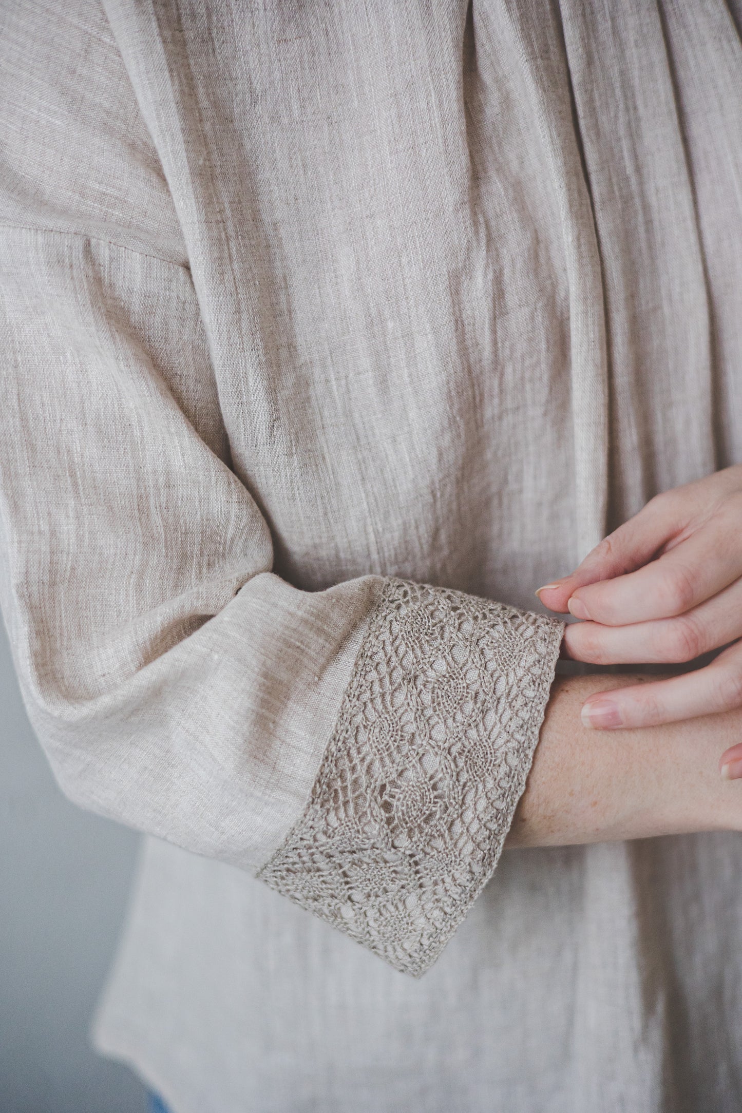 PASAKA linen blouse with lace crochet details in Natural linen color