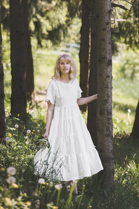 Tiered maxi ruffle dress with butterfly sleeves in White