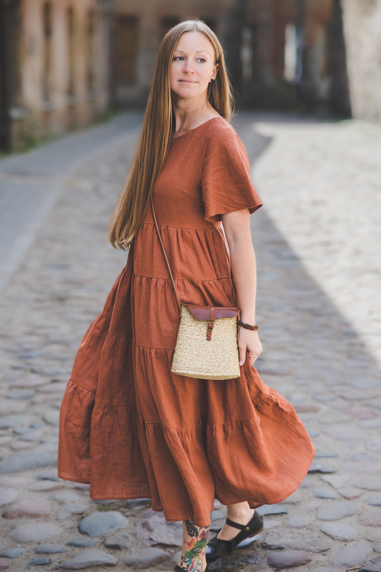 Tiered maxi ruffle dress with butterfly sleeves