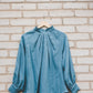 META linen blouse with puffy sleeves & frills in Teal color