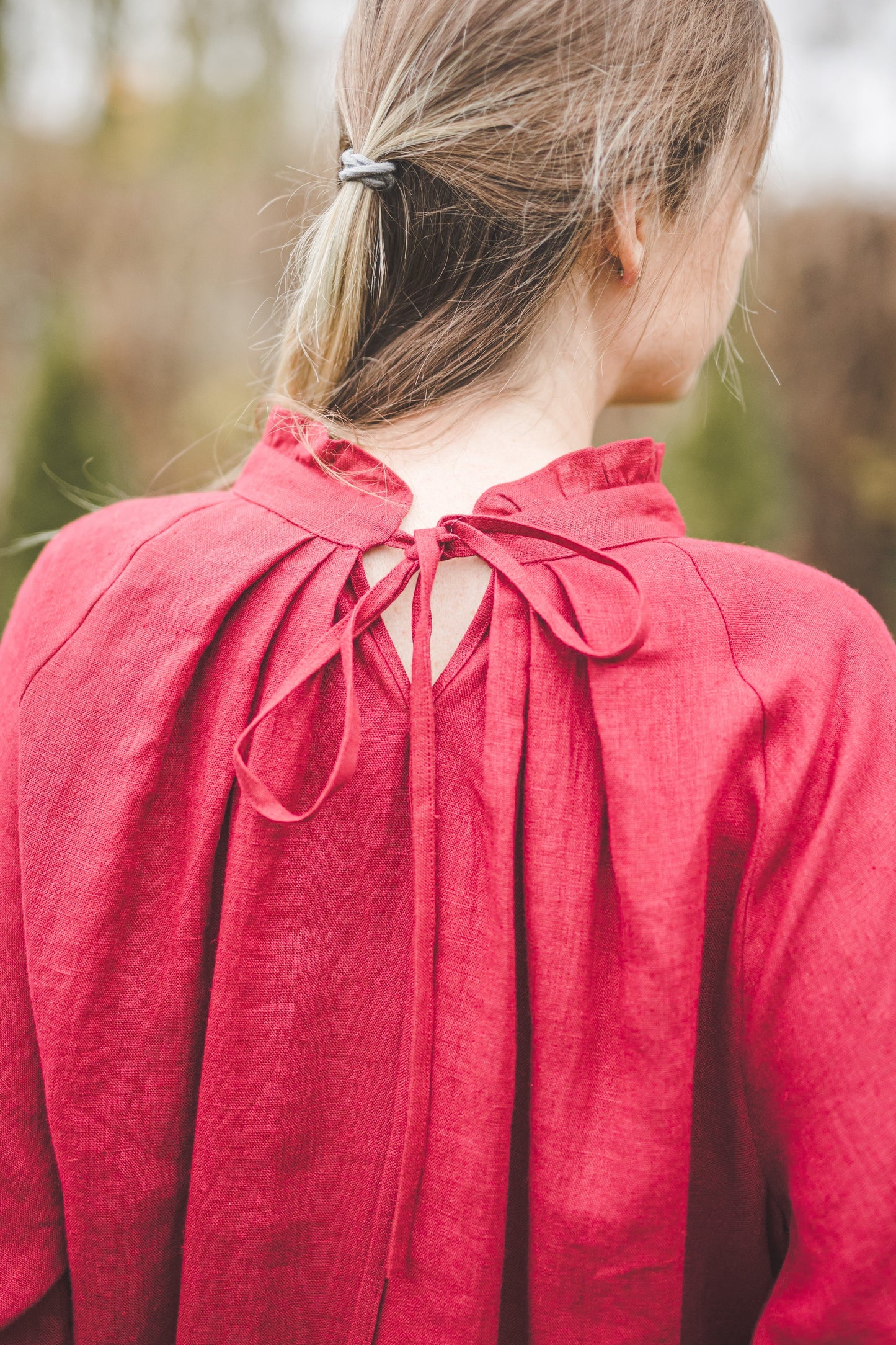 META linen blouse with puffy sleeves & frills in Dusty pink