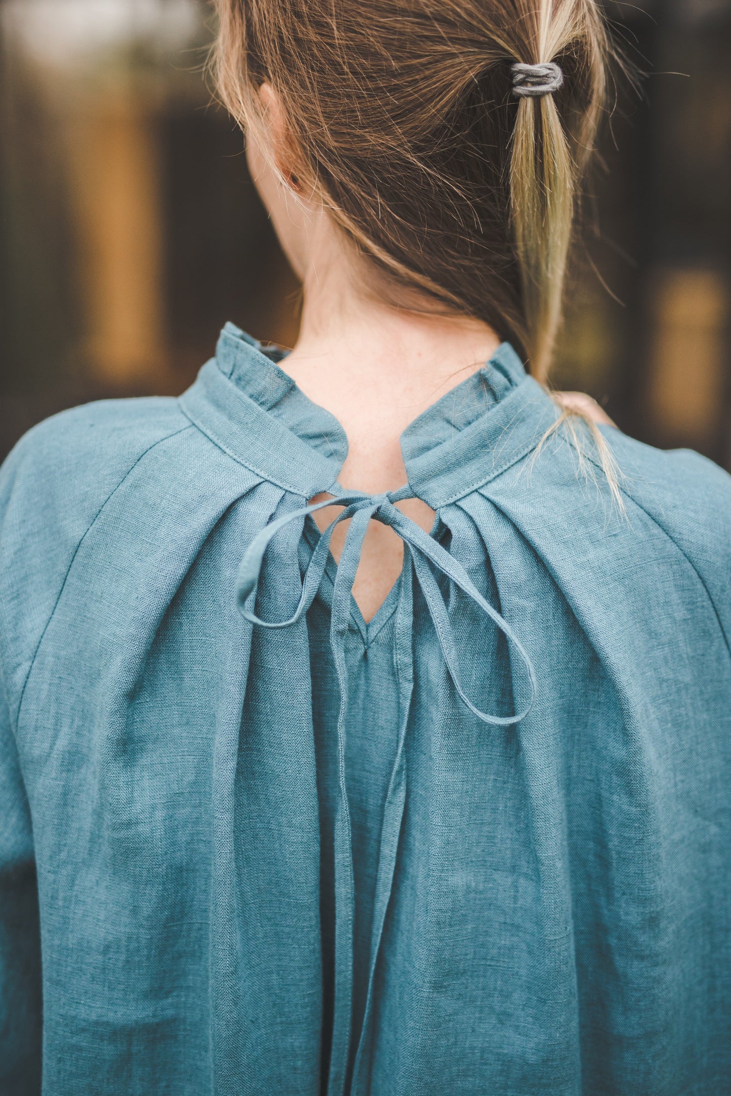 META linen blouse with puffy sleeves & frills in Teal color