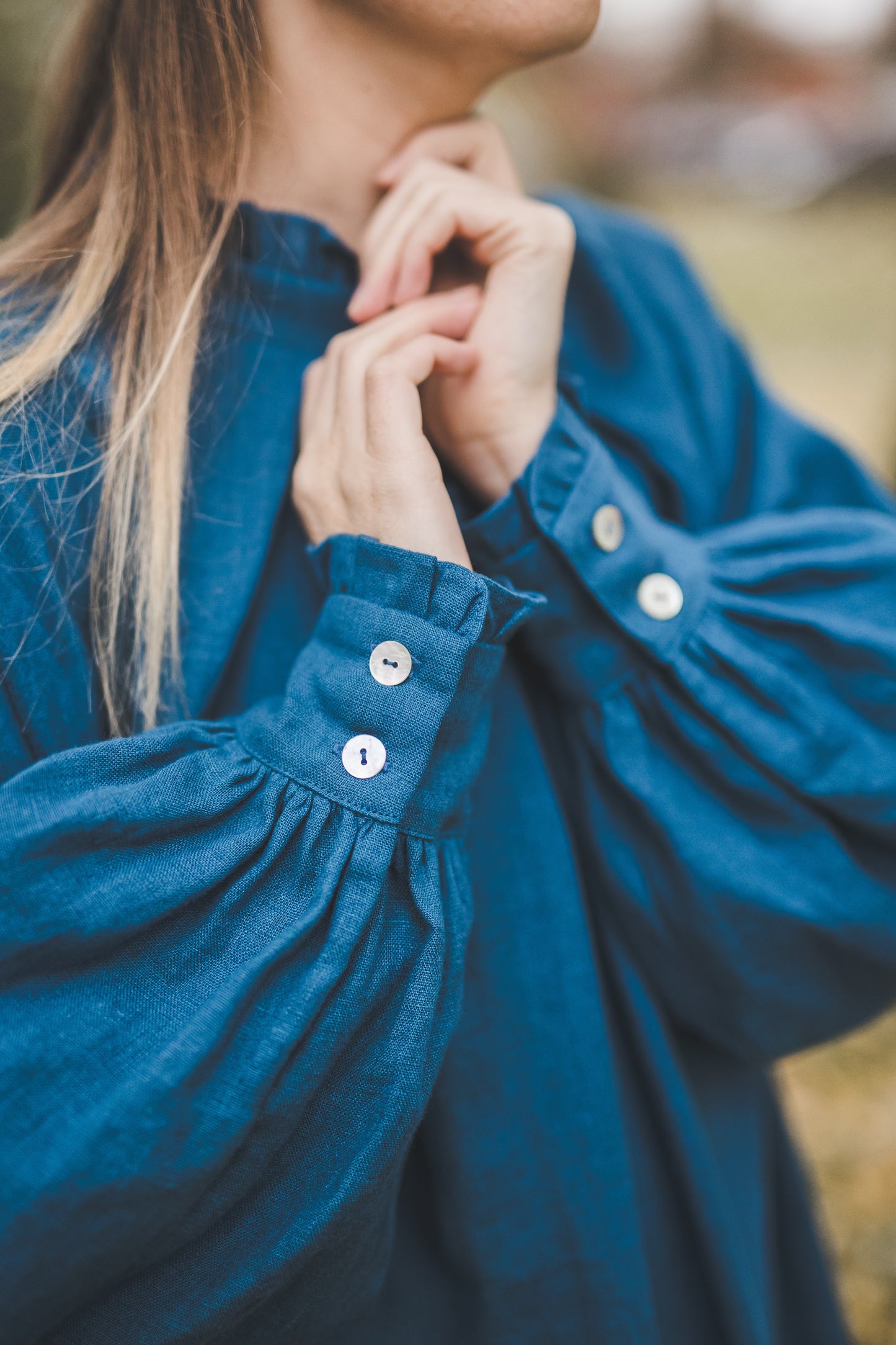 META linen blouse with puffy sleeves & frills in Teal color