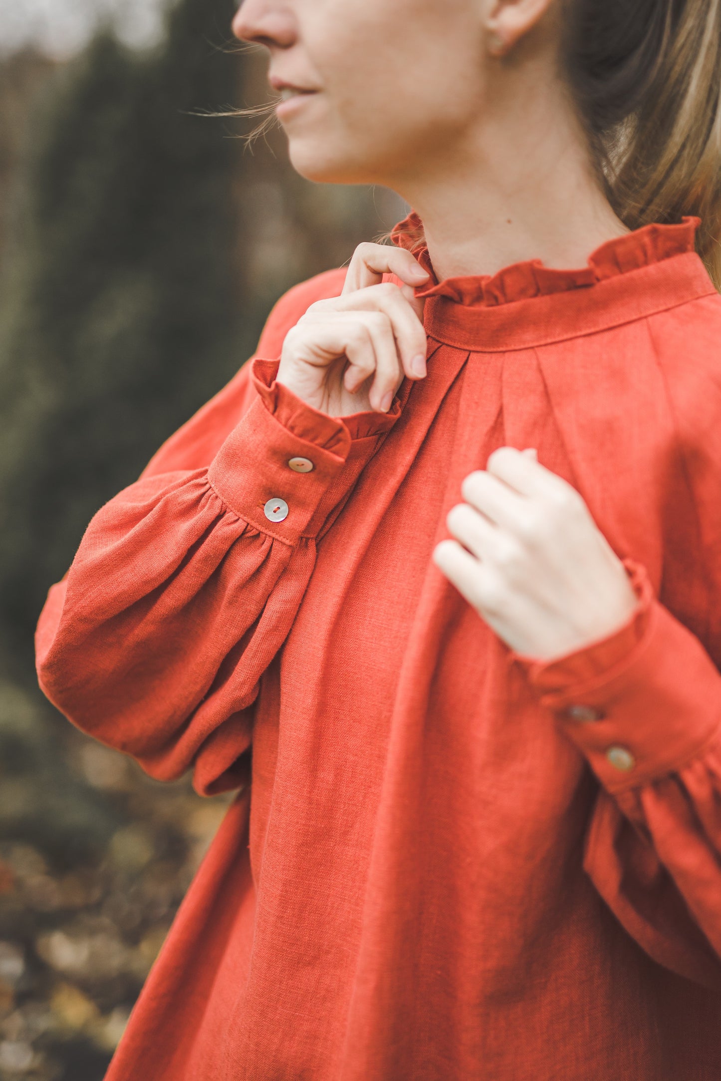 META linen blouse with puffy sleeves & frills in Teal color