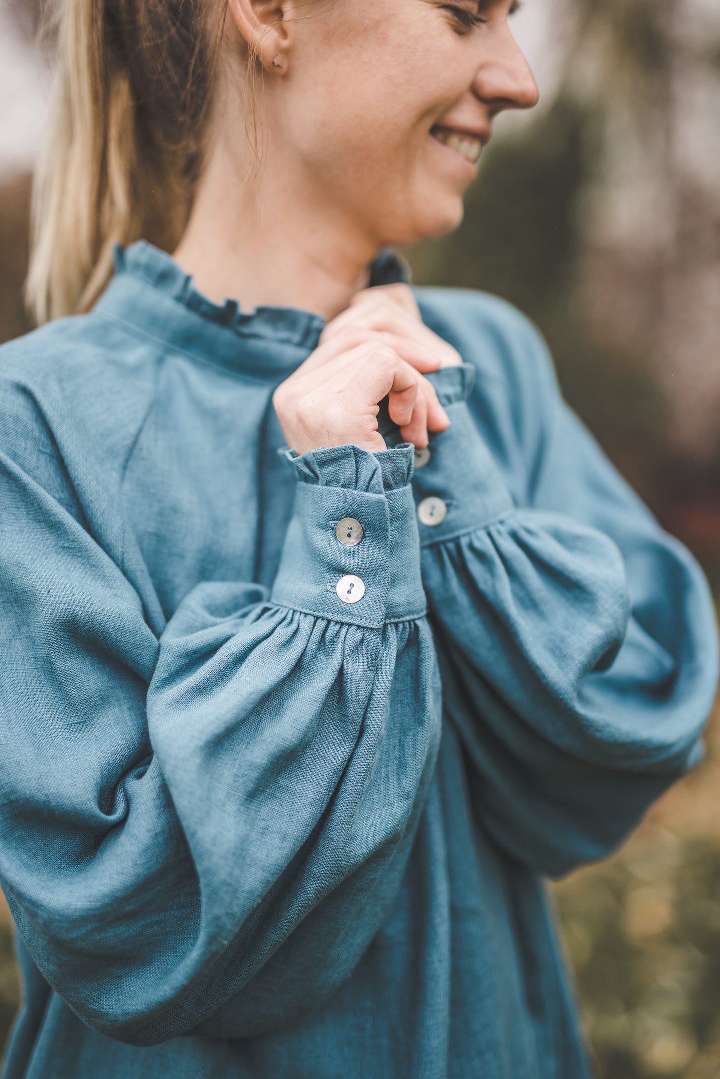 META linen blouse with puffy sleeves & frills in Teal color