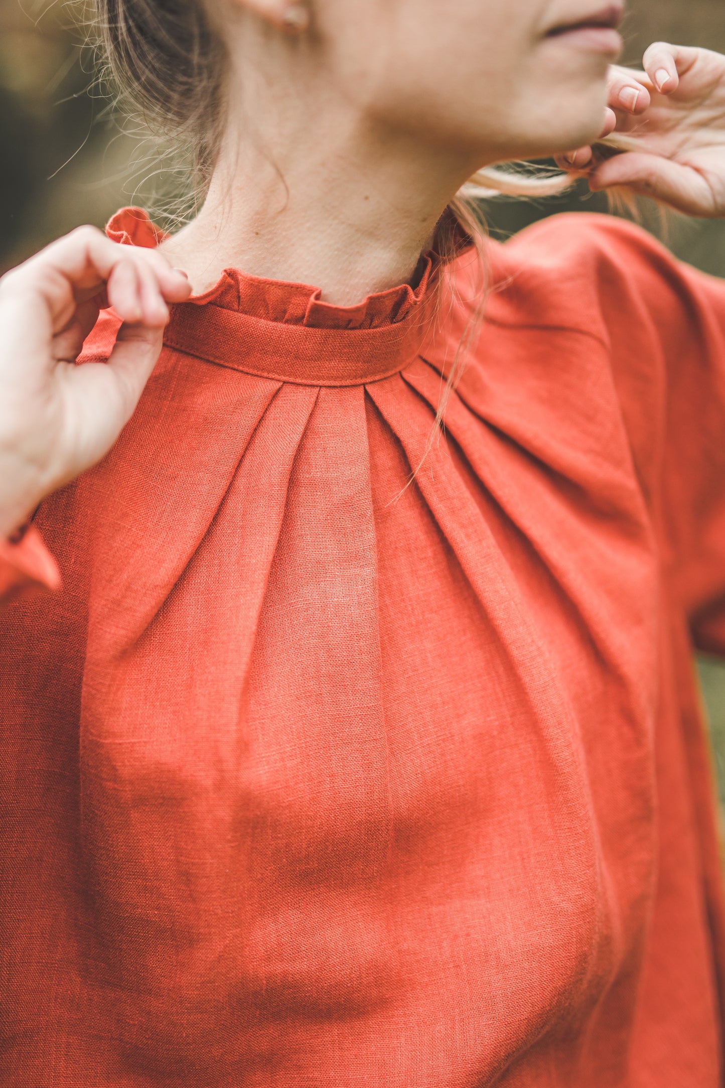 META linen blouse with puffy sleeves & frills in Orange