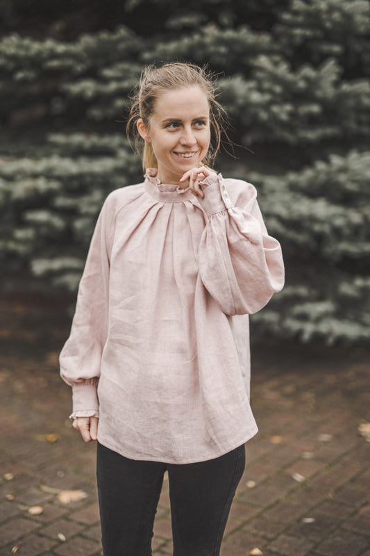 META linen blouse with puffy sleeves & frills in Dusty pink