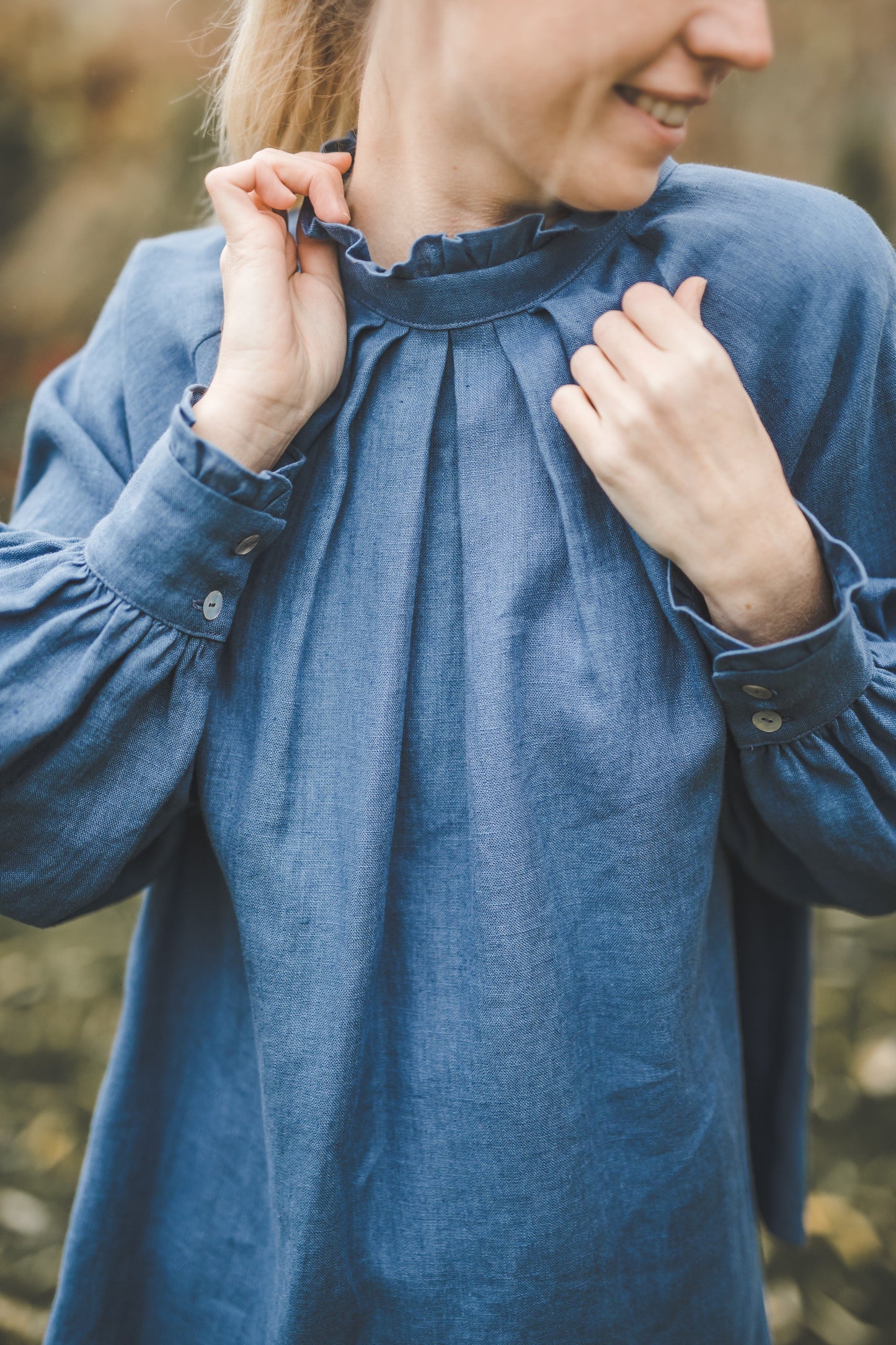 META linen blouse with puffy sleeves & frills in Teal color