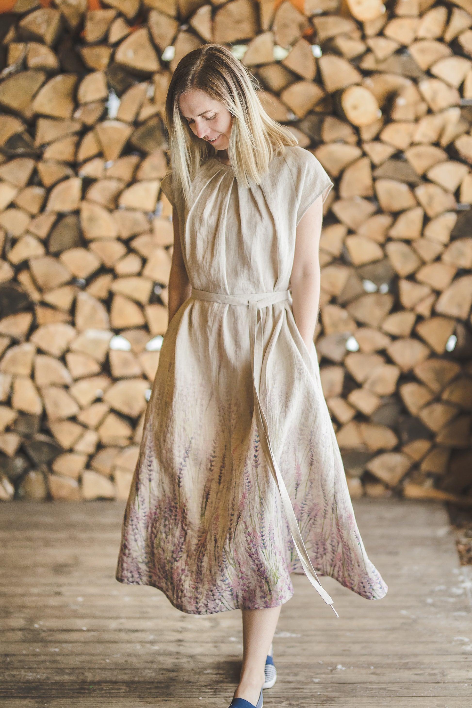 Short sleeves maxi linen dress with lavender meadow print